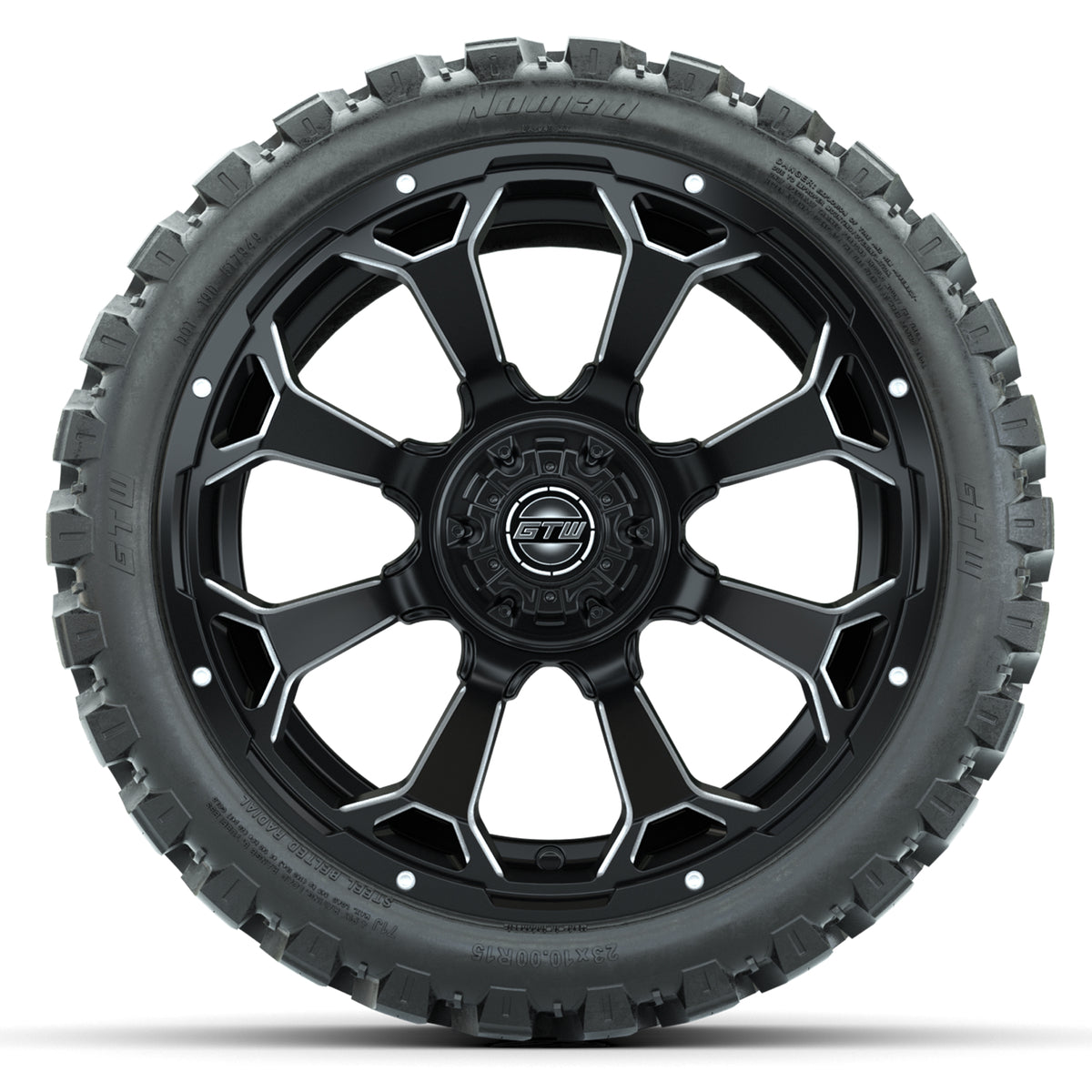 Set of (4) 15 inch GTW Raven Matte Black Wheels with 23x10-R15 Nomad All-Terrain Tires