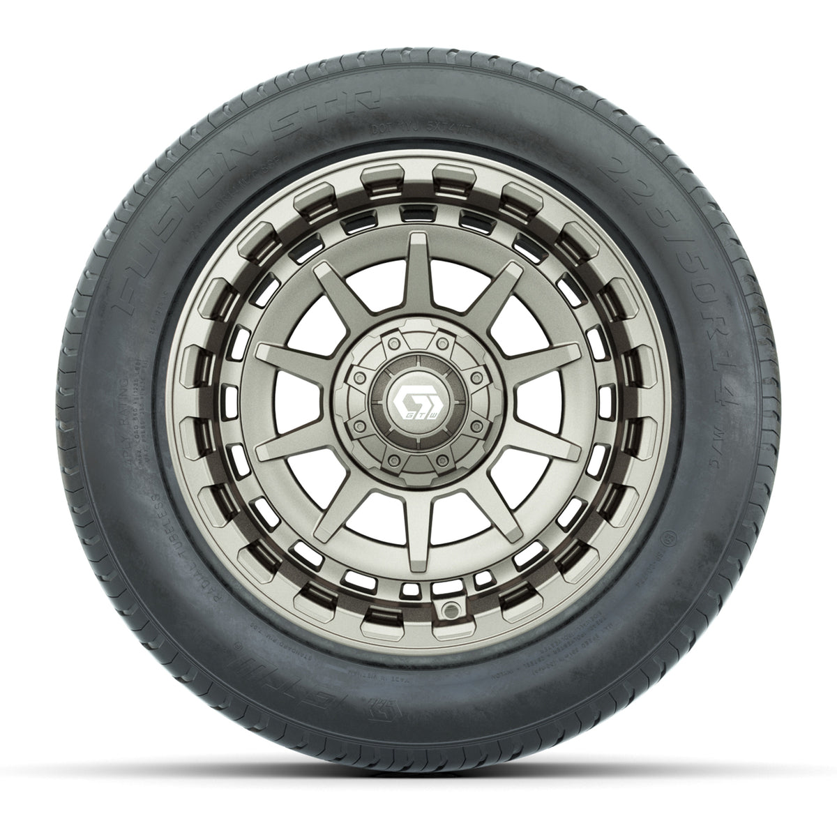 GTW® Barricade Satin Bronze 14" Wheels with 255/50-R14 Fusion STR DOT Approved Street Tires - Full Set
