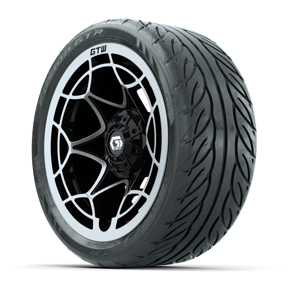 GTW® Nexus Gloss Black/Silver 14 in Wheels with 205/40-R14 Fusion GTR Steel Belted Street Tires Full Set