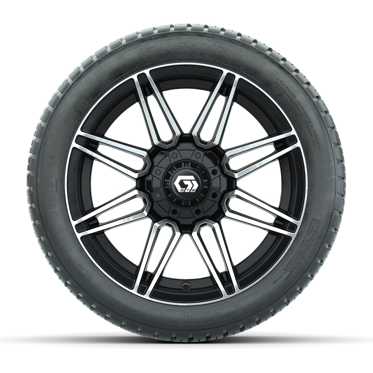 GTW® Stealth Gloss Black/Machined 14 in Wheels with 205/30-14 Fusion Street Tires Full Set