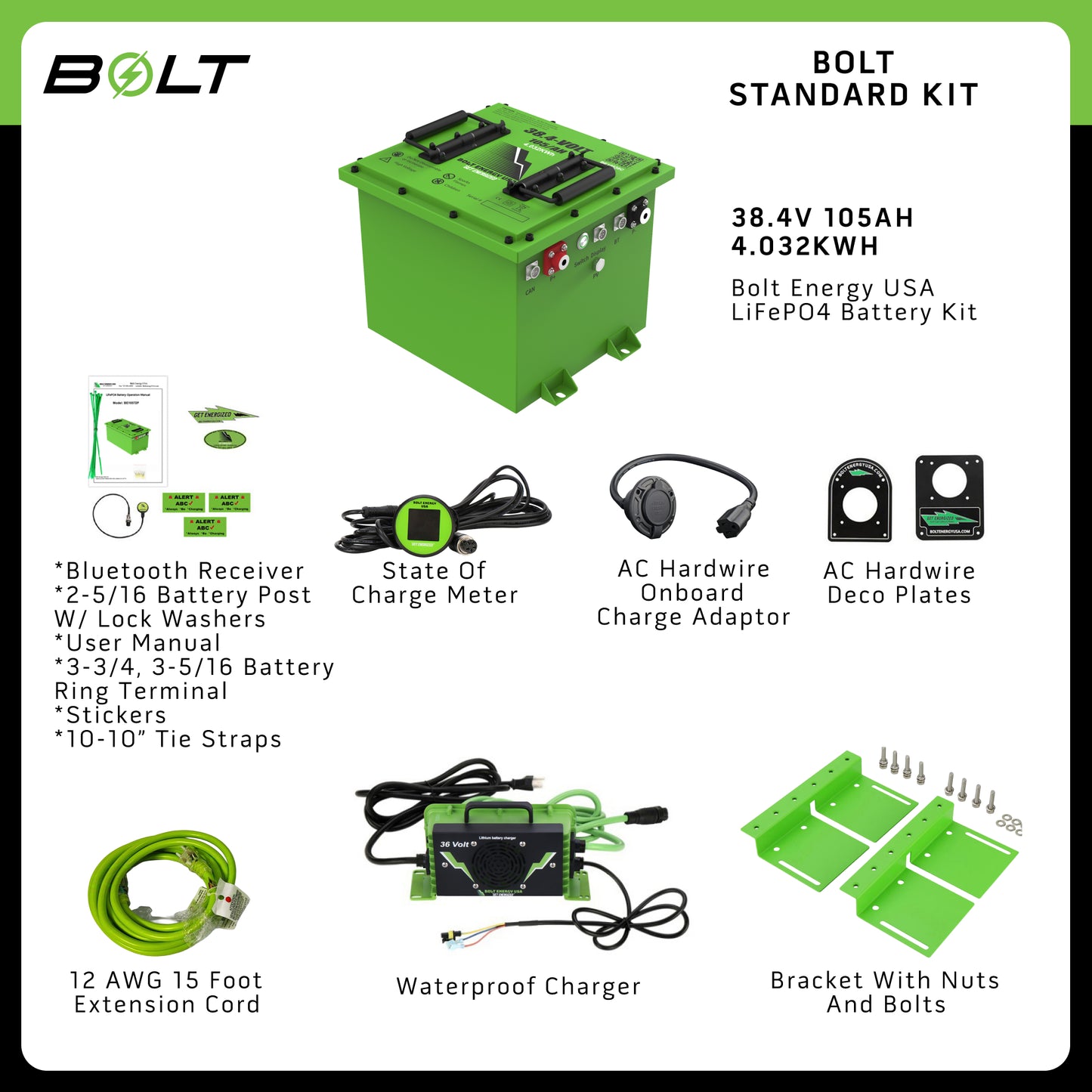 Bolt Energy 38.4V 105Ah LiFePO4 Lithium Battery Kit for Yamaha G1, G8, G9, G14 & G16 Golf Carts