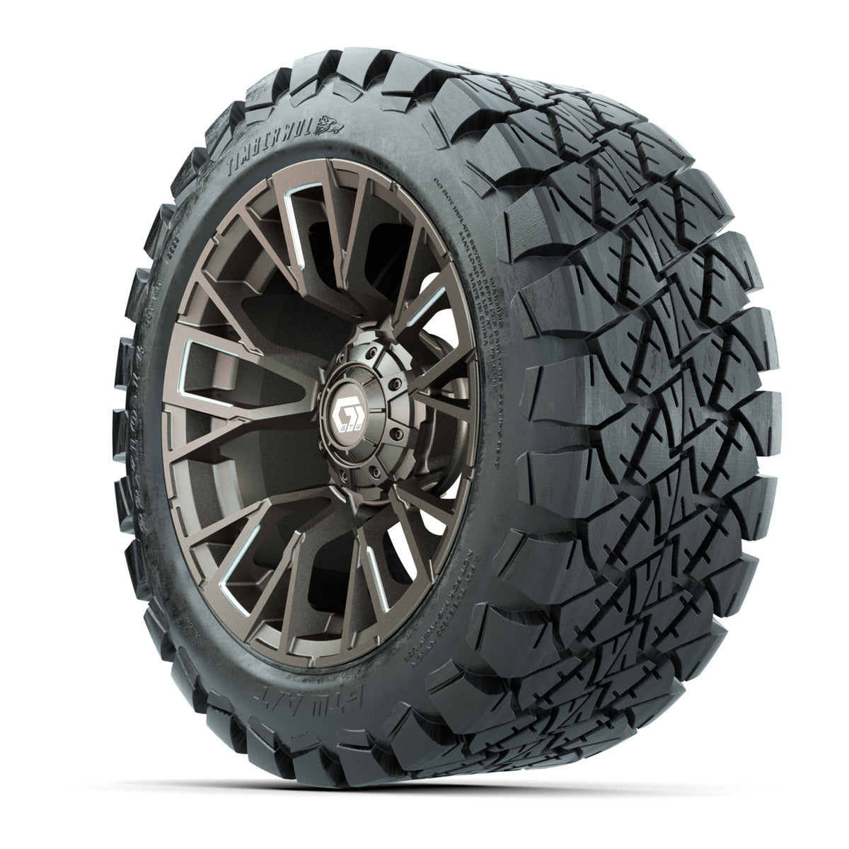 GTW® Vandal Satin Bronze/Machined 14 in Wheels with 22x10-14 Timberwolf All-Terrain Tires Full Set
