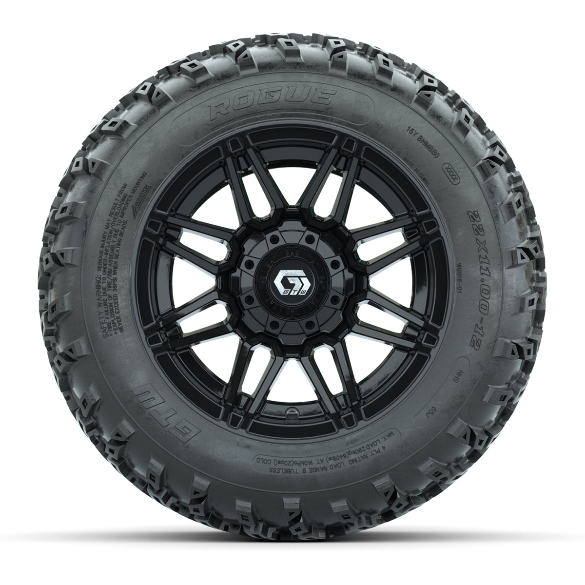 GTW® Stealth Gloss Black 12 in Wheels with 22x11.00-12 Rogue All-Terrain Tires Full Set