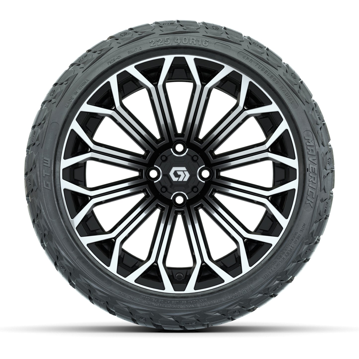 GTW® Phantom Black/Machined 16" Golf Cart Wheels with 225/40-R16 Maverick A/T Tires - Full Set