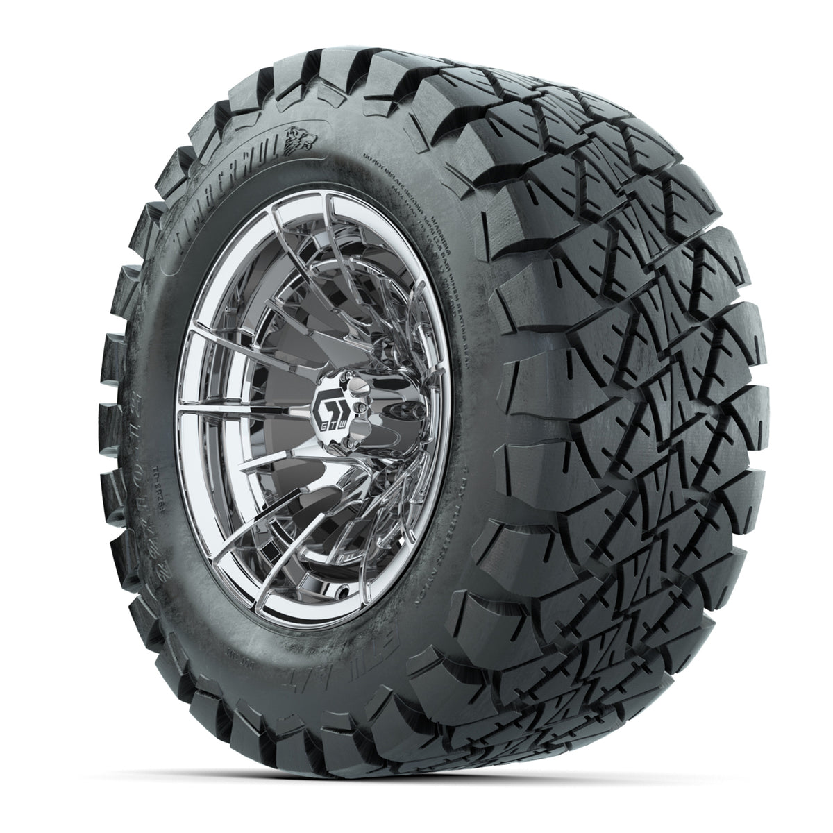 GTW® Boost Chrome 12 in Wheels with 22x10-12 Timberwolf All-Terrain Tires Full Set