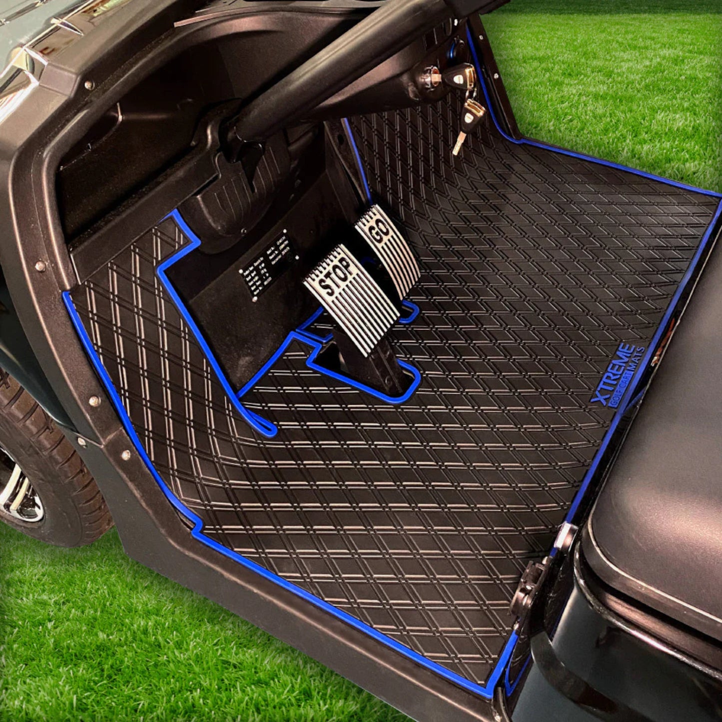 Xtreme Mats Full-Coverage Golf Cart Floor Mat | ICON i20 / i40 / i40L / Advanced EV1 – Black/Blue
