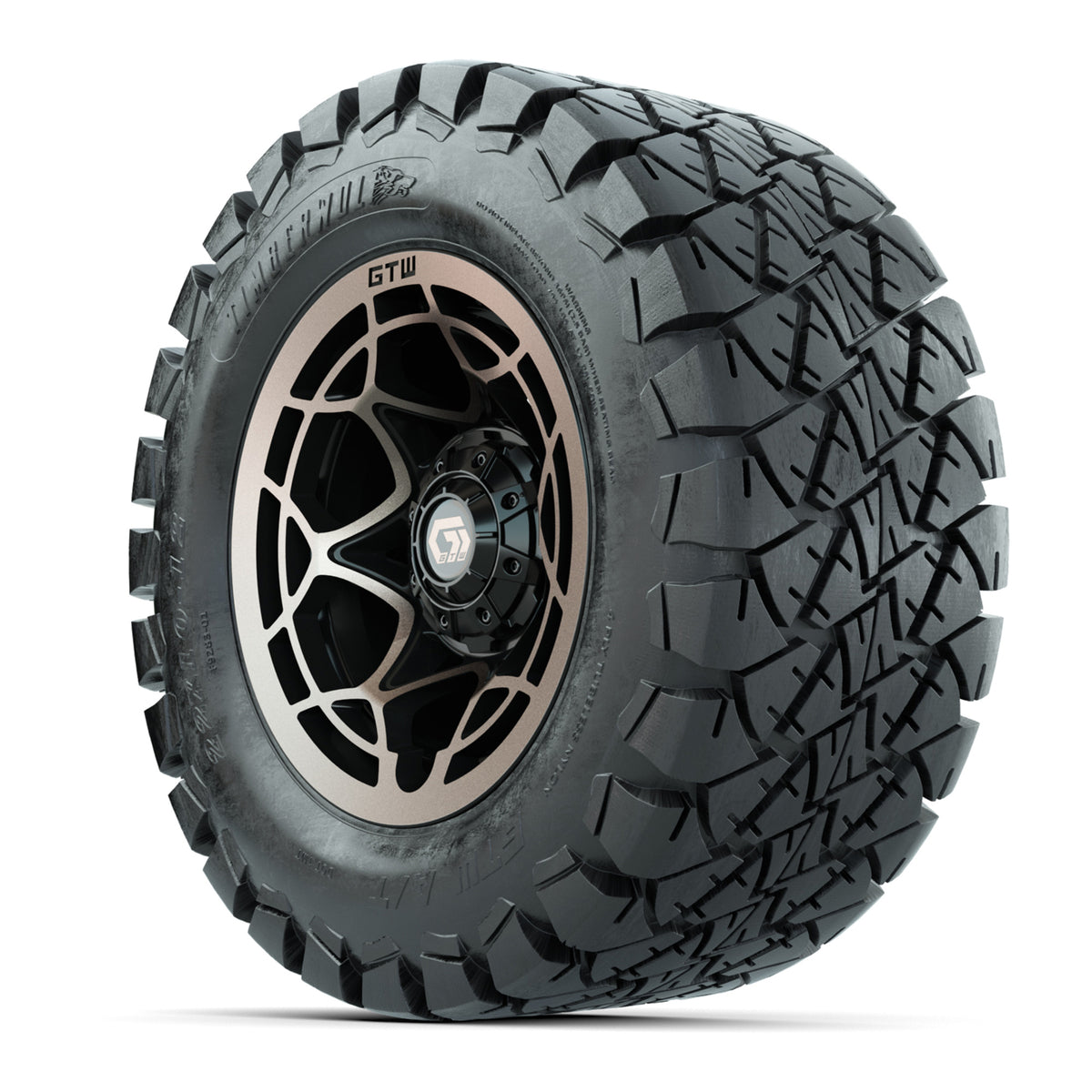 GTW® Nexus Gloss Black/Satin Bronze 12 in Wheels with 22x10-12 Timberwolf All-Terrain Tires Full Set