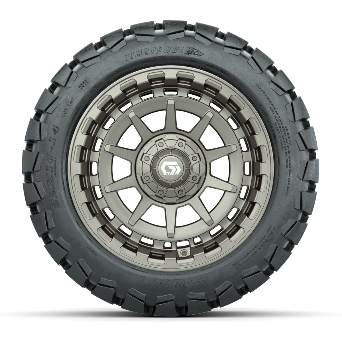 GTW® Barricade Satin Bronze 14 in Wheels with 22x10-14 Timberwolf All-Terrain Tires Full Set