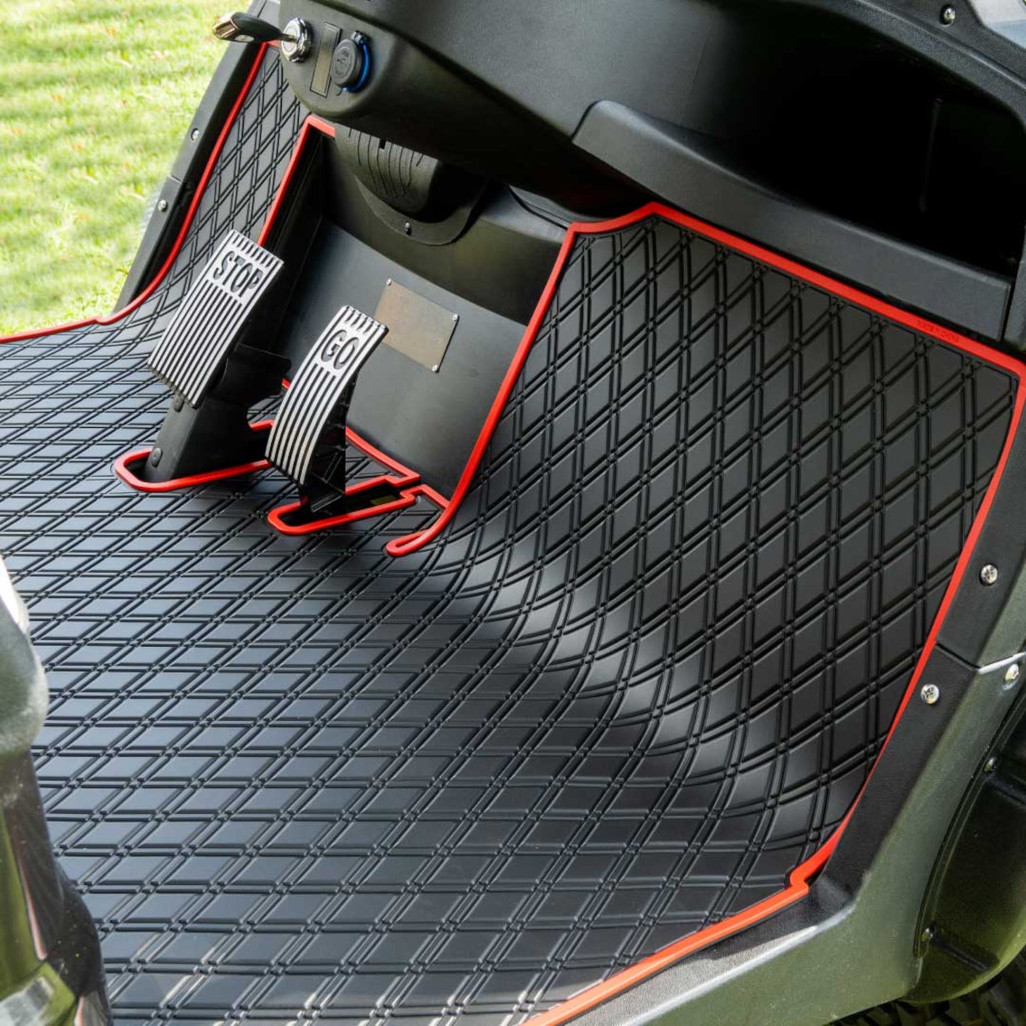 Xtreme Mats Full-Coverage Golf Cart Floor Mat | ICON i20 / i40 / i40L / Advanced EV1 – Black/Red