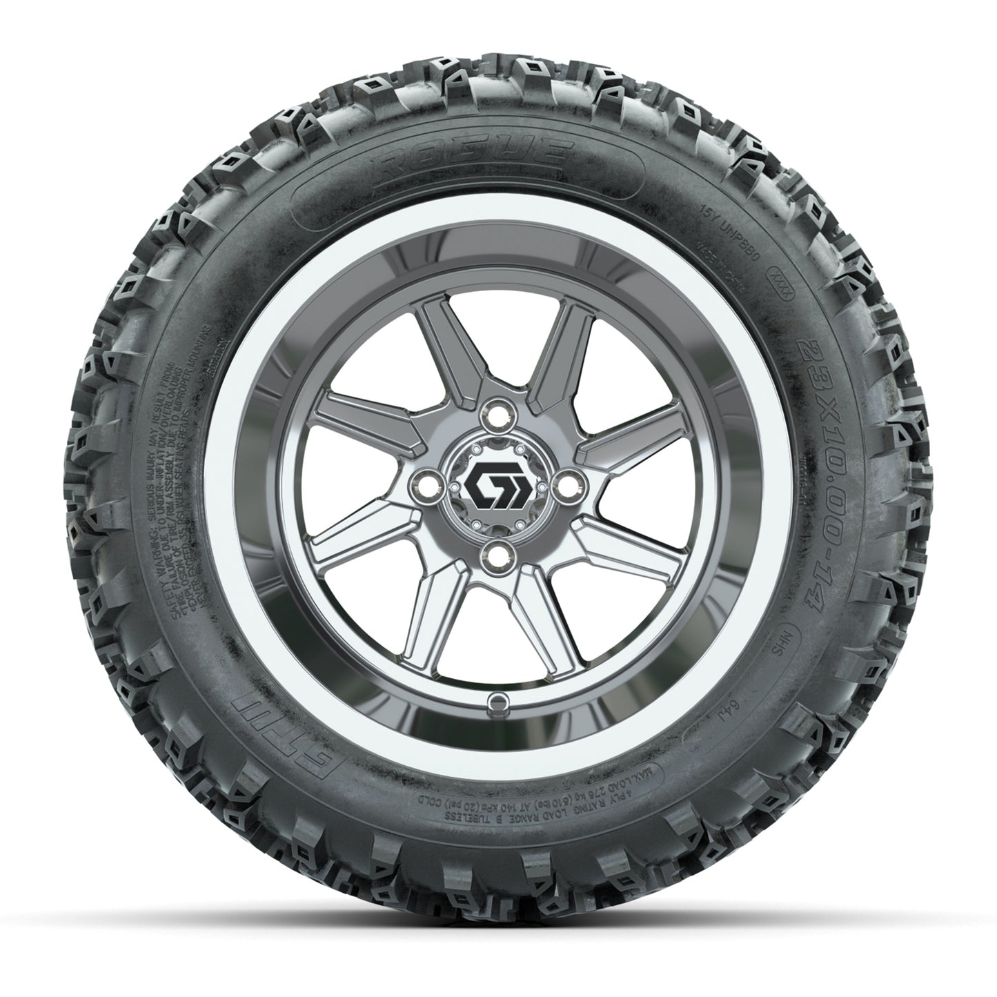 GTW Reaper Chrome 14" Golf Cart Wheels & 23X10-R14 Rogue A/T Tires – Set of 4