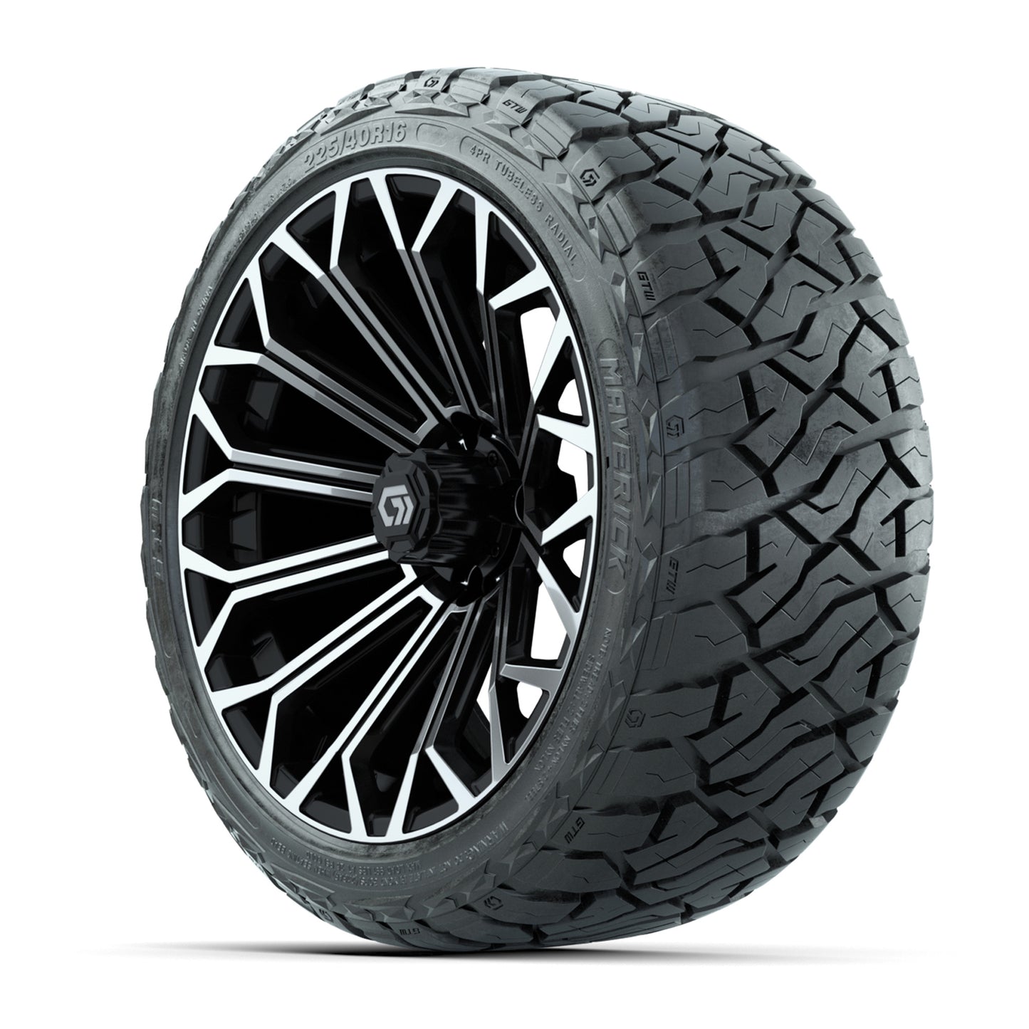 GTW® Phantom Black/Machined 16" Golf Cart Wheels with 225/40-R16 Maverick A/T Tires - Full Set