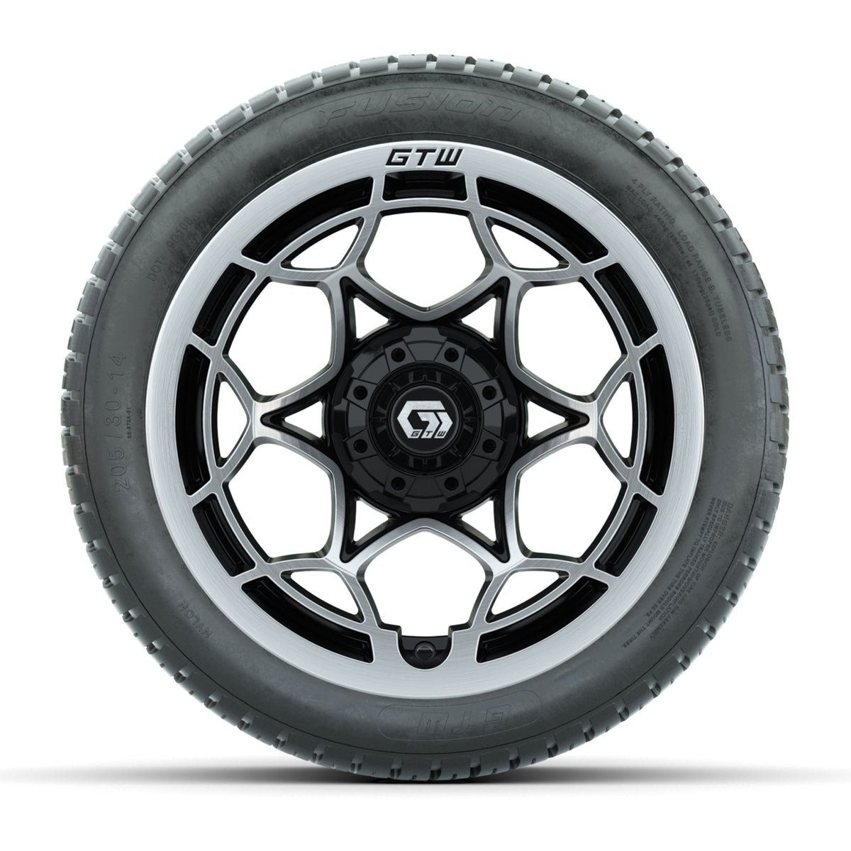 GTW® Nexus Gloss Black/Silver 14 in Wheels with 205/30-14 Fusion Street Tires Full Set