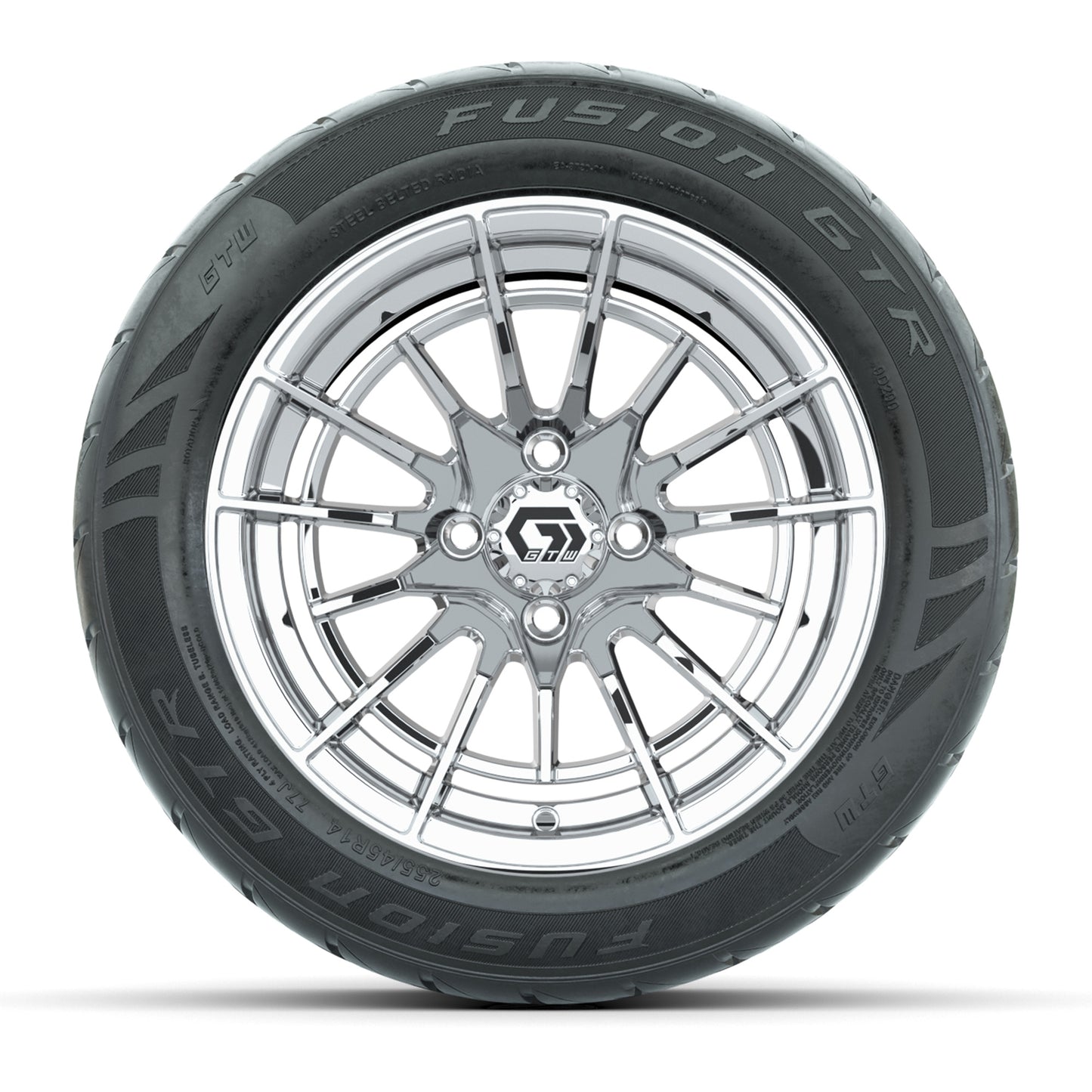 14" GTW® Boost Chrome Golf Cart Wheels & 255/45-R14 Fusion GTR Radial Street Tires (Set of 4)