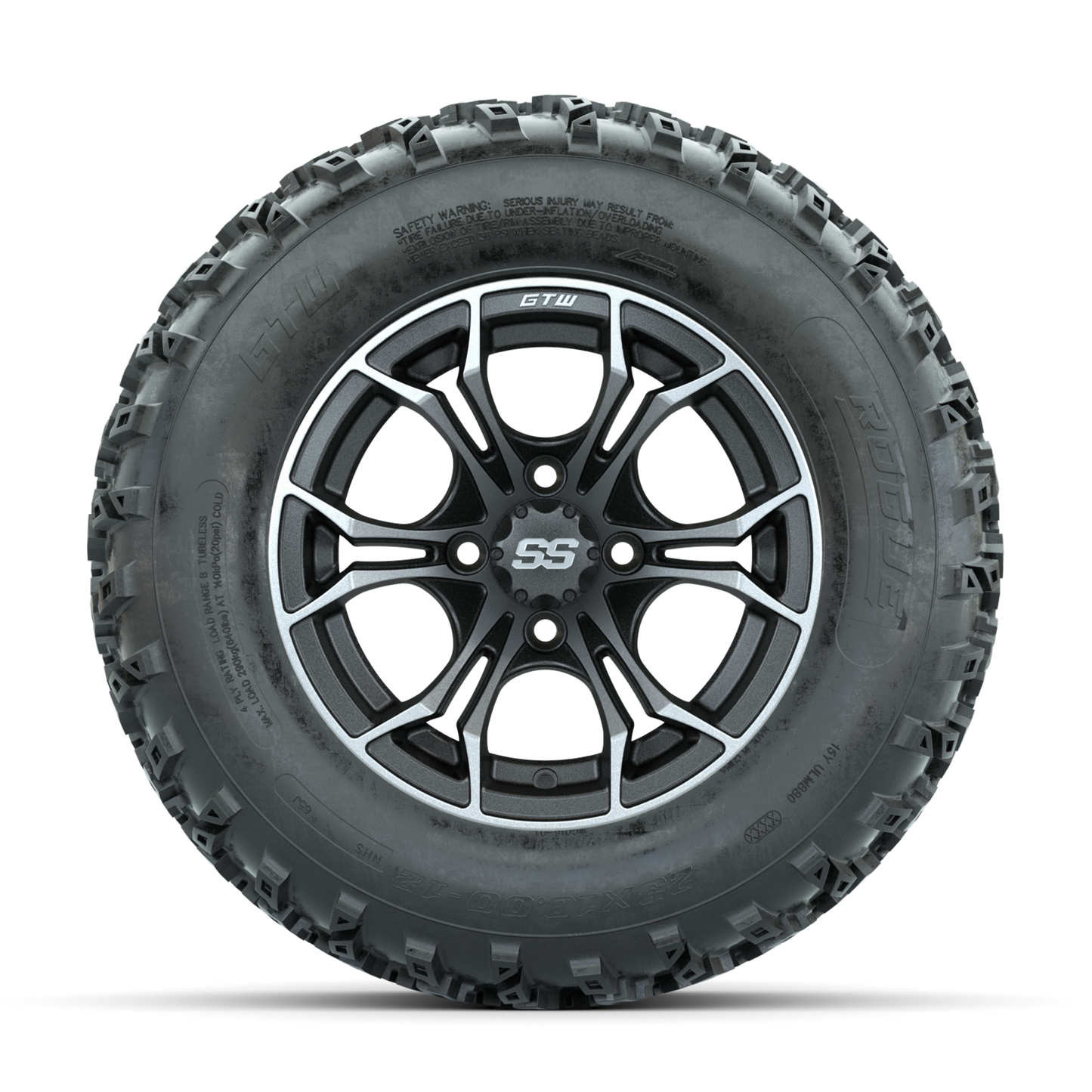 GTW Spyder Machined/Grey 12 in Wheels with 23x10.00-12 Rogue All Terrain Tires Full Set