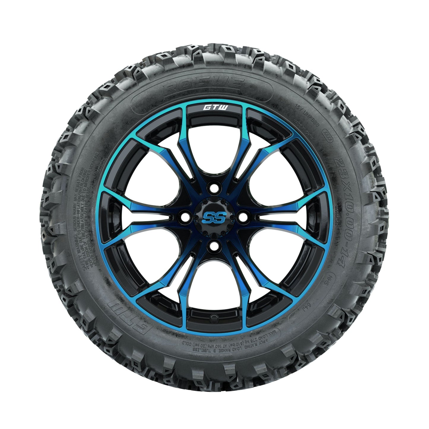 GTW Spyder Blue/Black 14 in Wheels with 23x10.00-14 Rogue All Terrain Tires Full Set