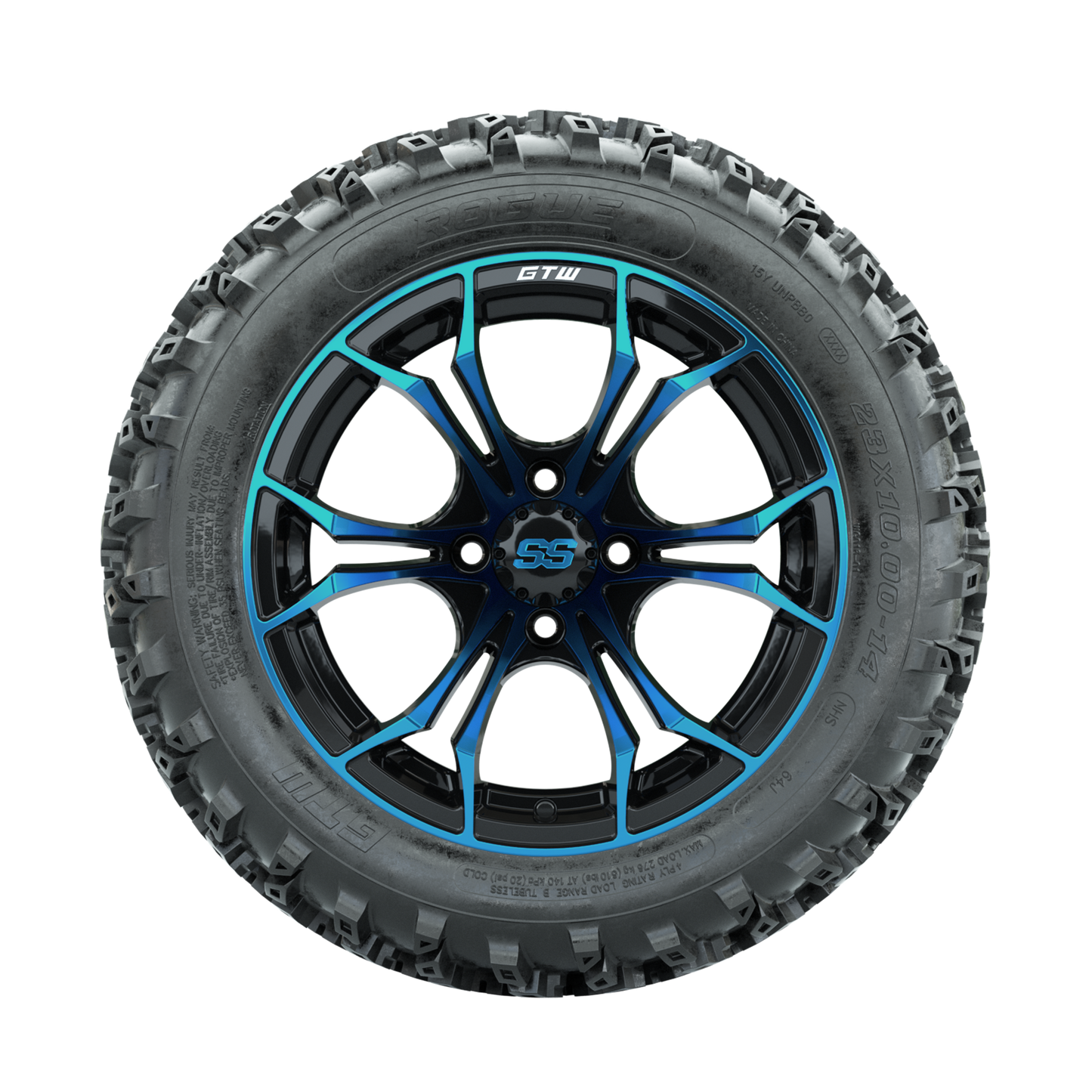 GTW Spyder Blue/Black 14 in Wheels with 23x10.00-14 Rogue All Terrain Tires Full Set