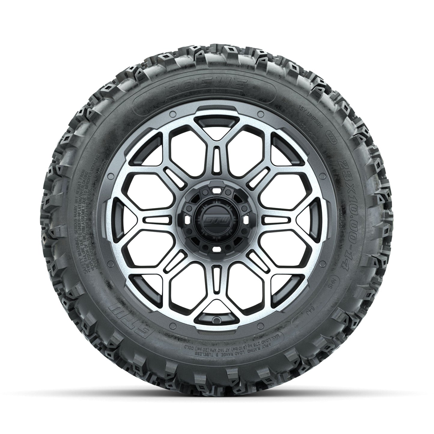 GTW Bravo Machined/Matte Grey 14 in Wheels with 23x10.00-14 Rogue All Terrain Tires Full Set