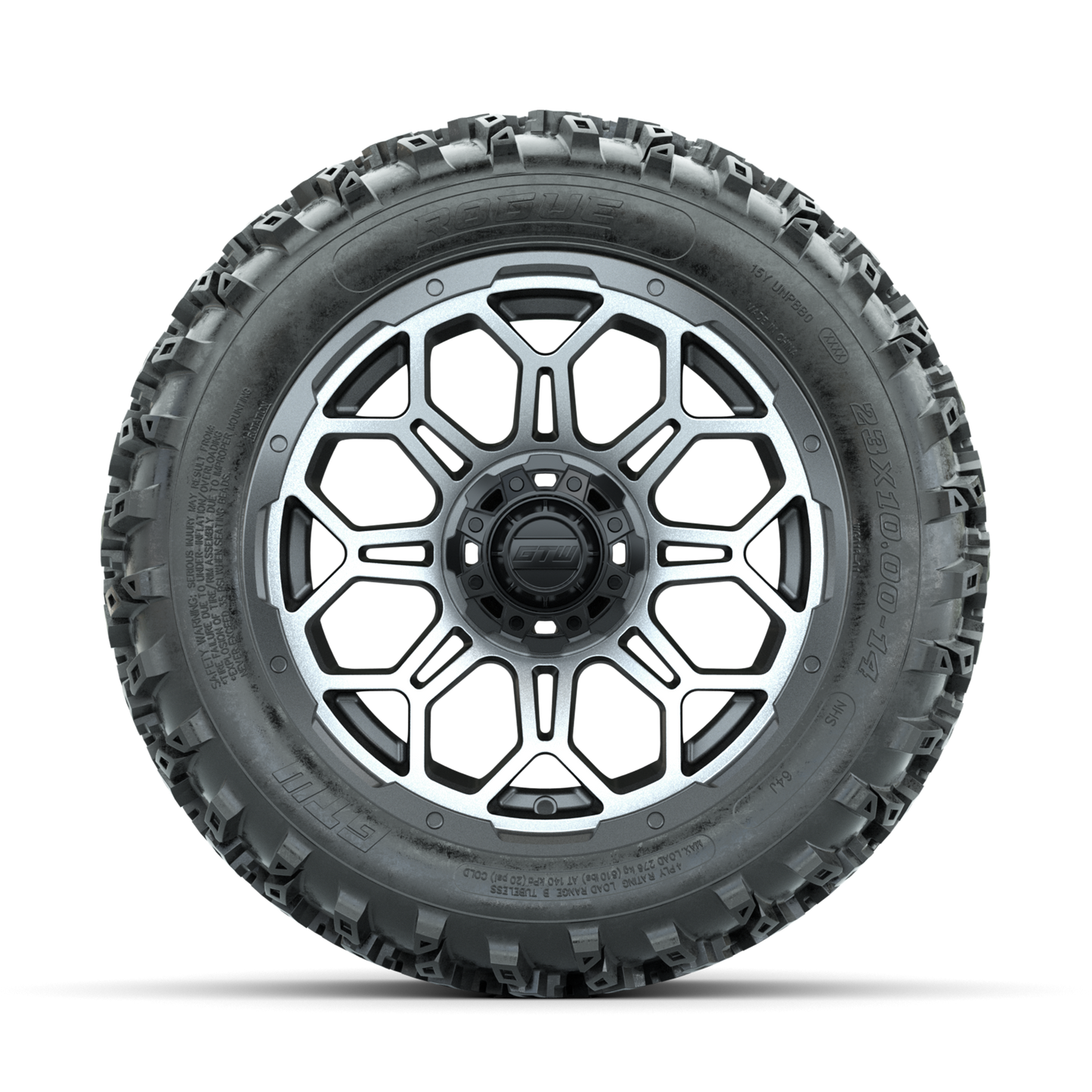 GTW Bravo Machined/Matte Grey 14 in Wheels with 23x10.00-14 Rogue All Terrain Tires Full Set