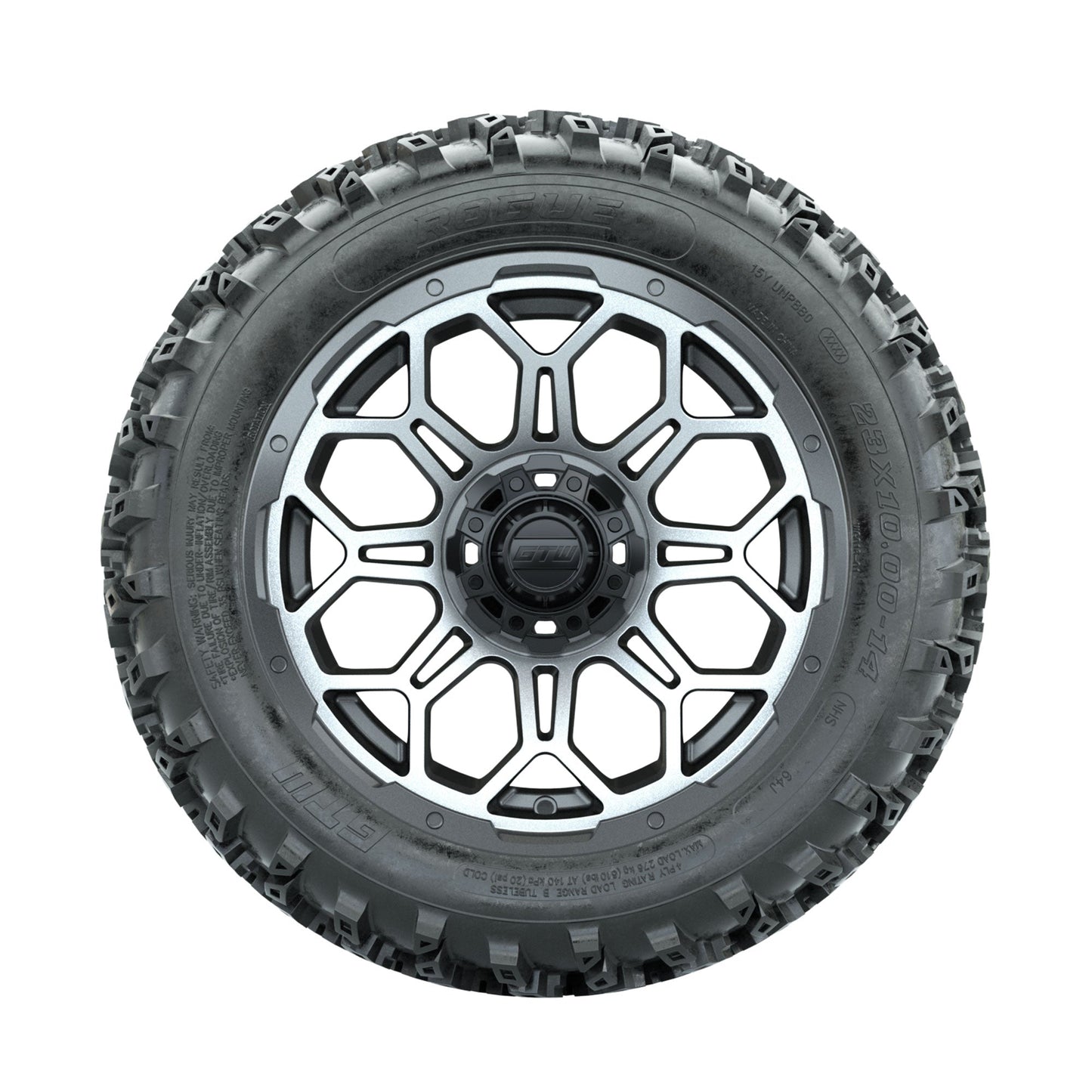 GTW Bravo Machined/Matte Grey 14 in Wheels with 23x10.00-14 Rogue All Terrain Tires Full Set