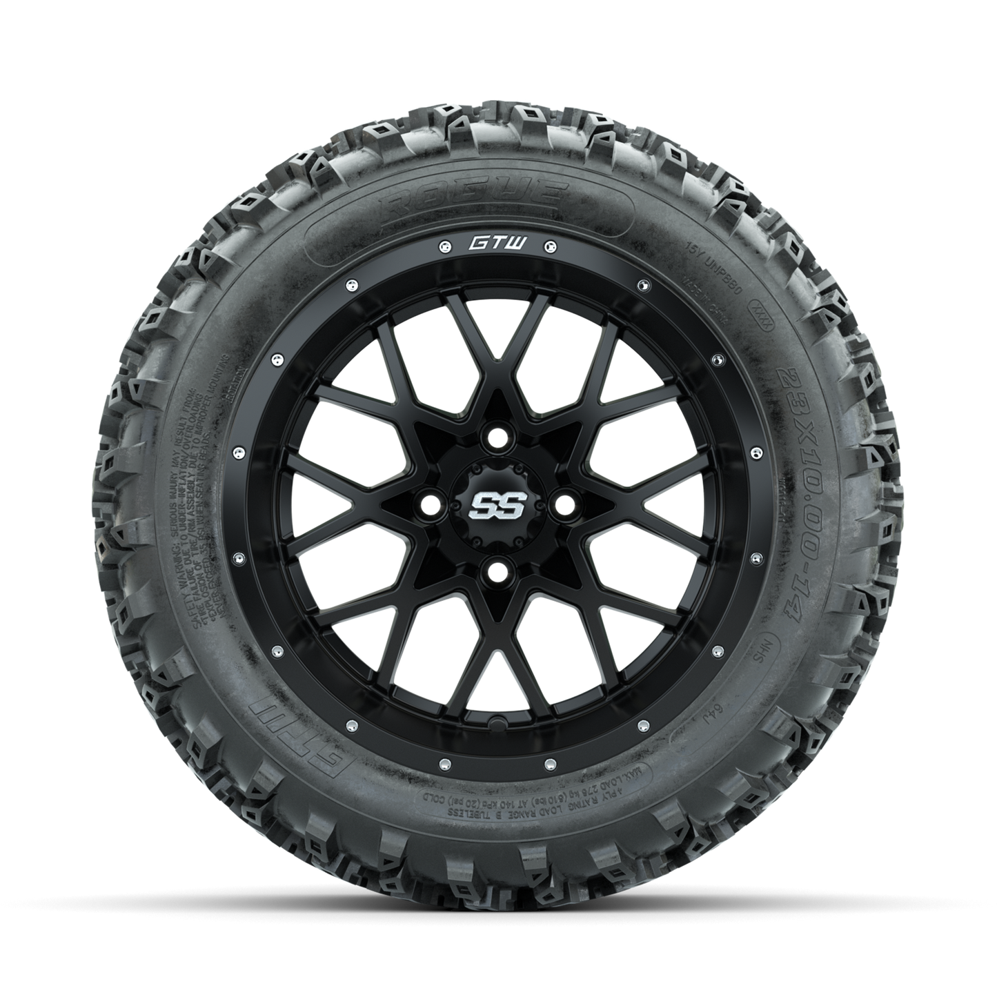 GTW Vortex Matte Black 14 in Wheels with 23x10.00-14 Rogue All Terrain Tires Full Set