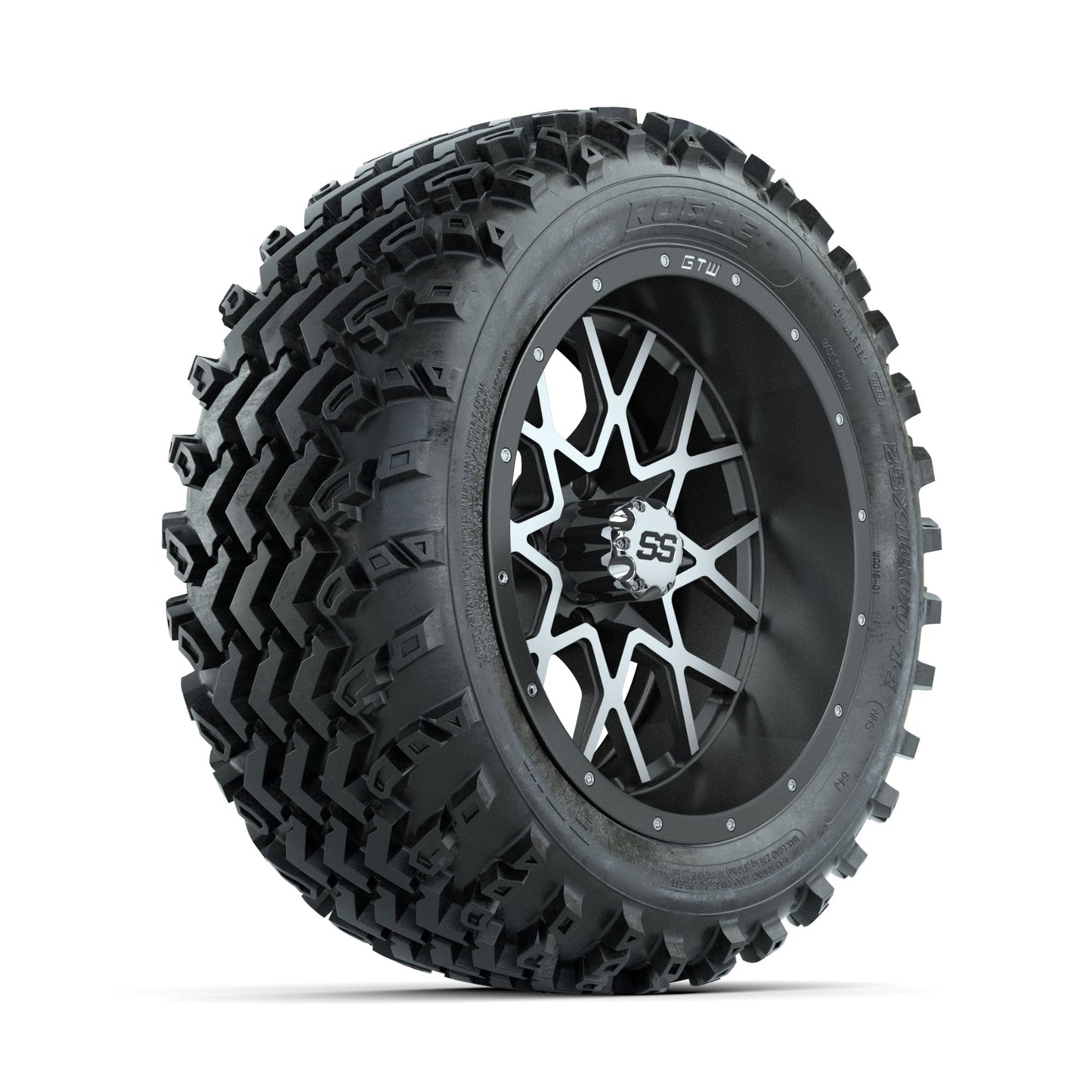 GTW Vortex Machined/Matte Grey 14 in Wheels with 23x10.00-14 Rogue All Terrain Tires Full Set
