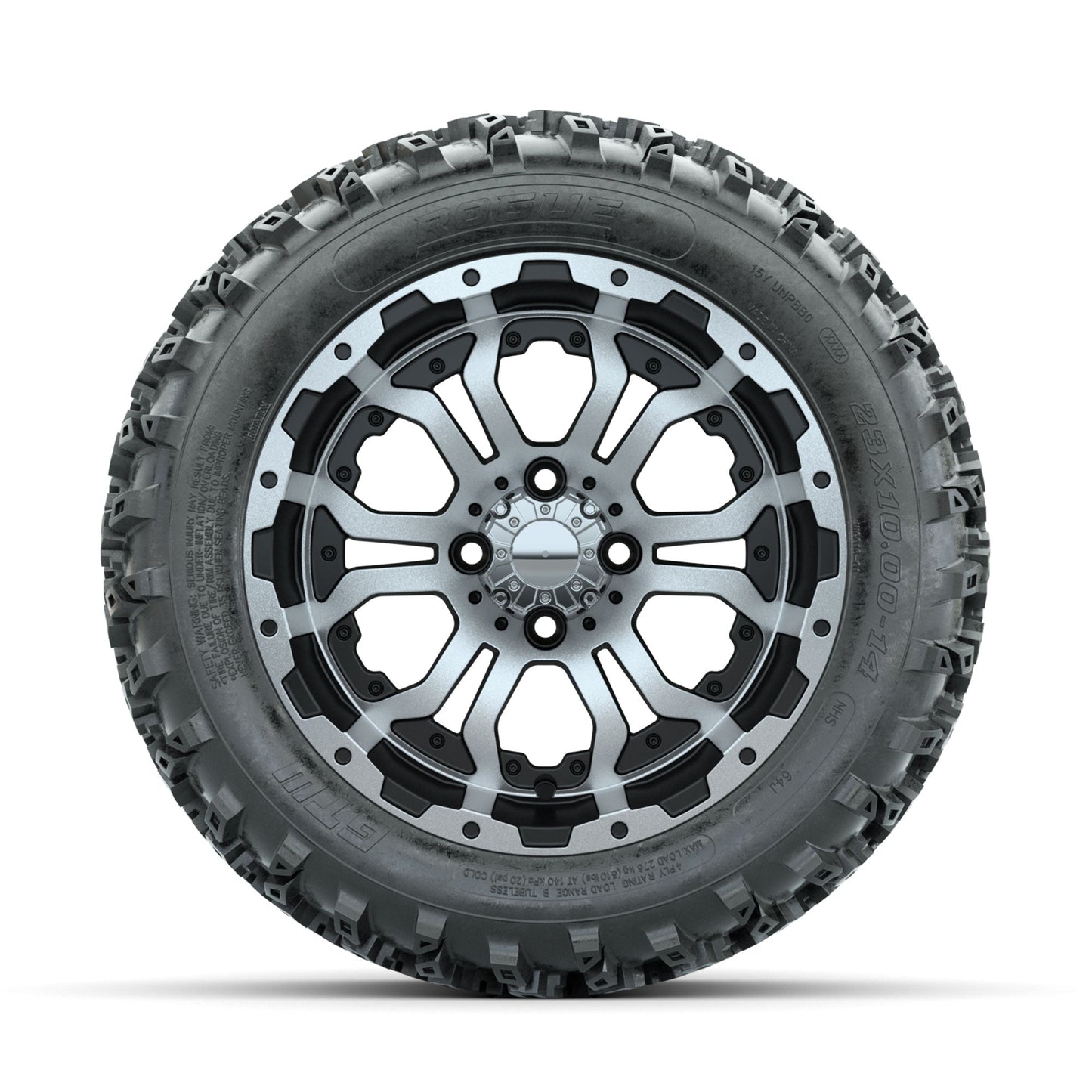 GTW Omega Machined/Black 14 in Wheels with 23x10.00-14 Rogue All Terrain Tires Full Set
