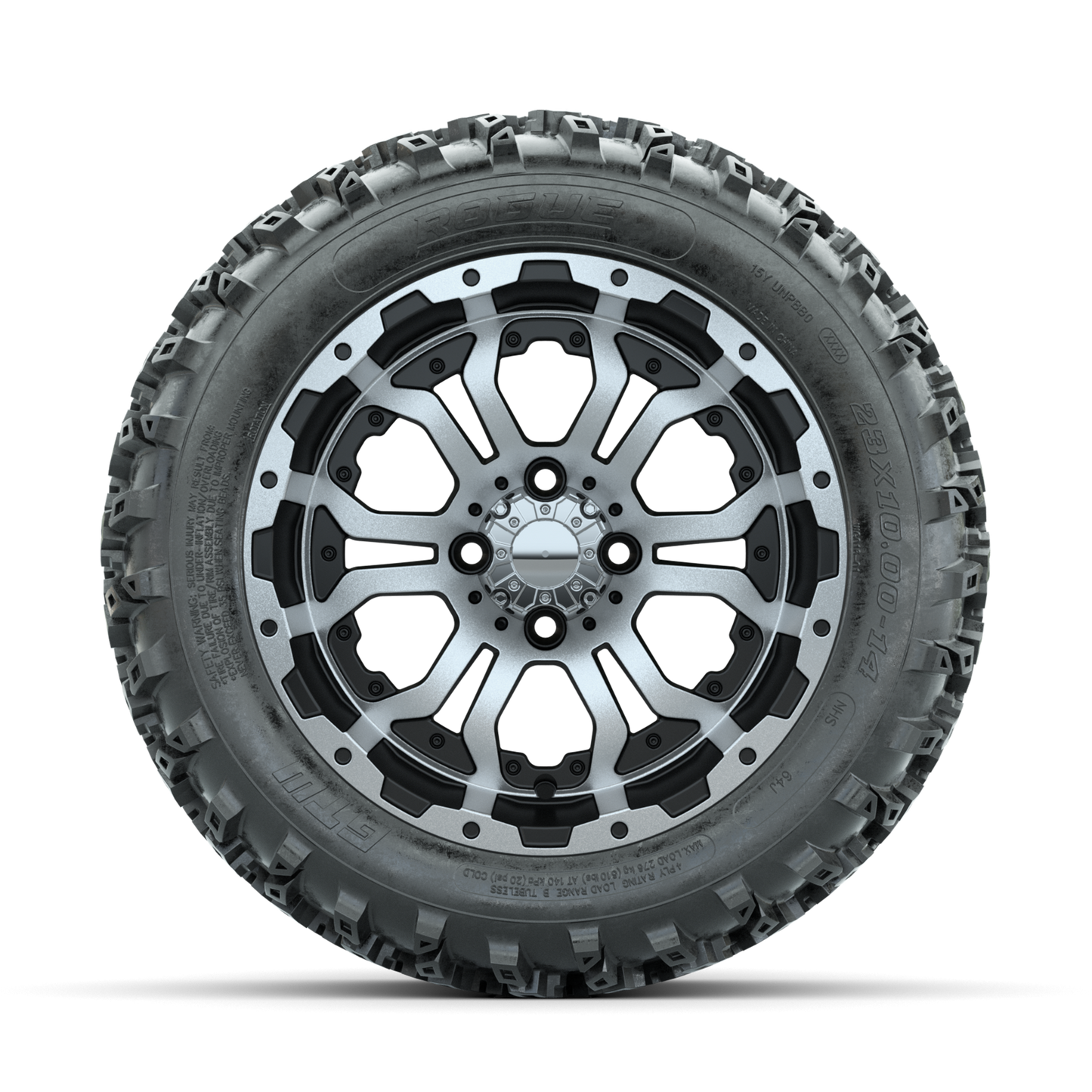 GTW Omega Machined/Black 14 in Wheels with 23x10.00-14 Rogue All Terrain Tires Full Set