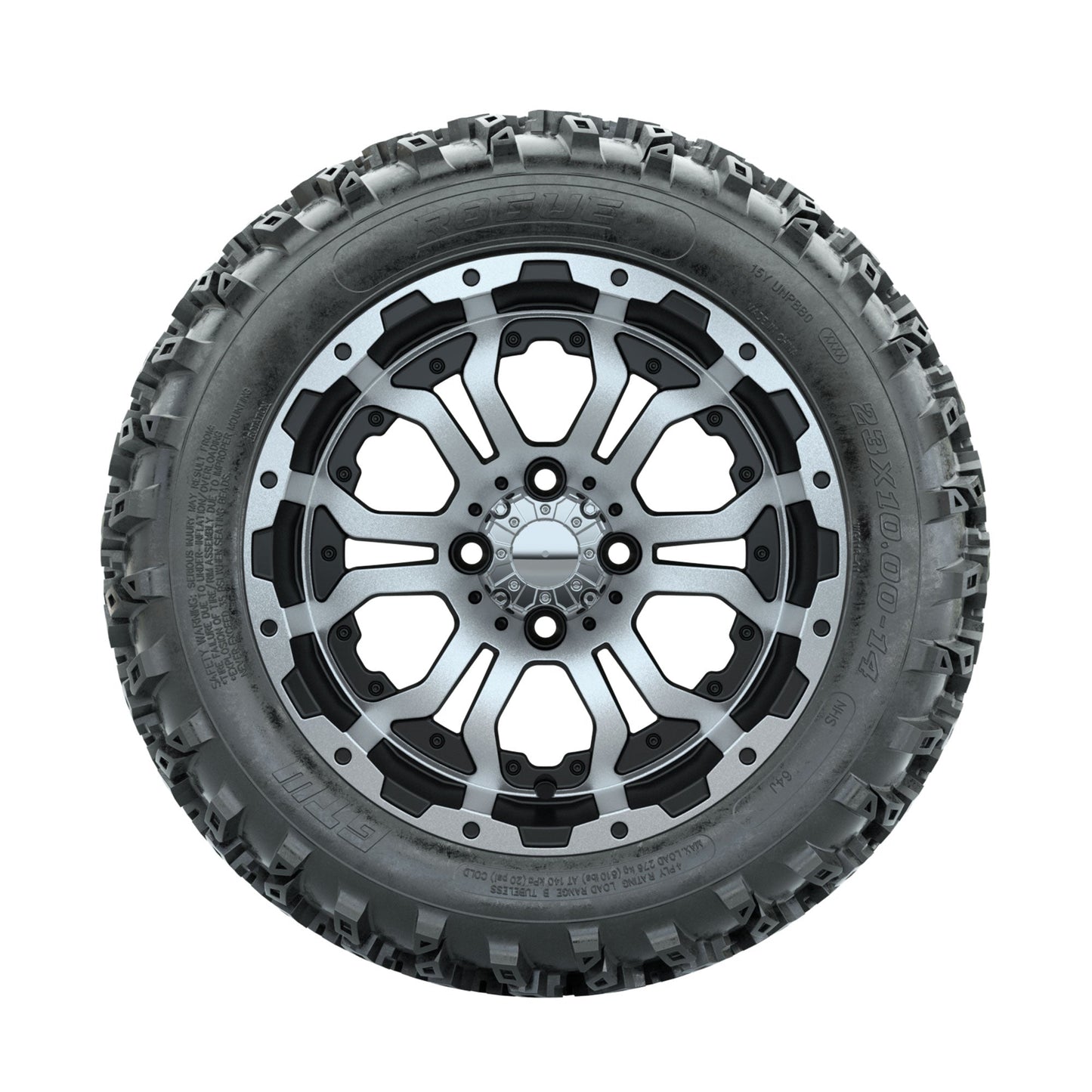 GTW Omega Machined/Black 14 in Wheels with 23x10.00-14 Rogue All Terrain Tires Full Set