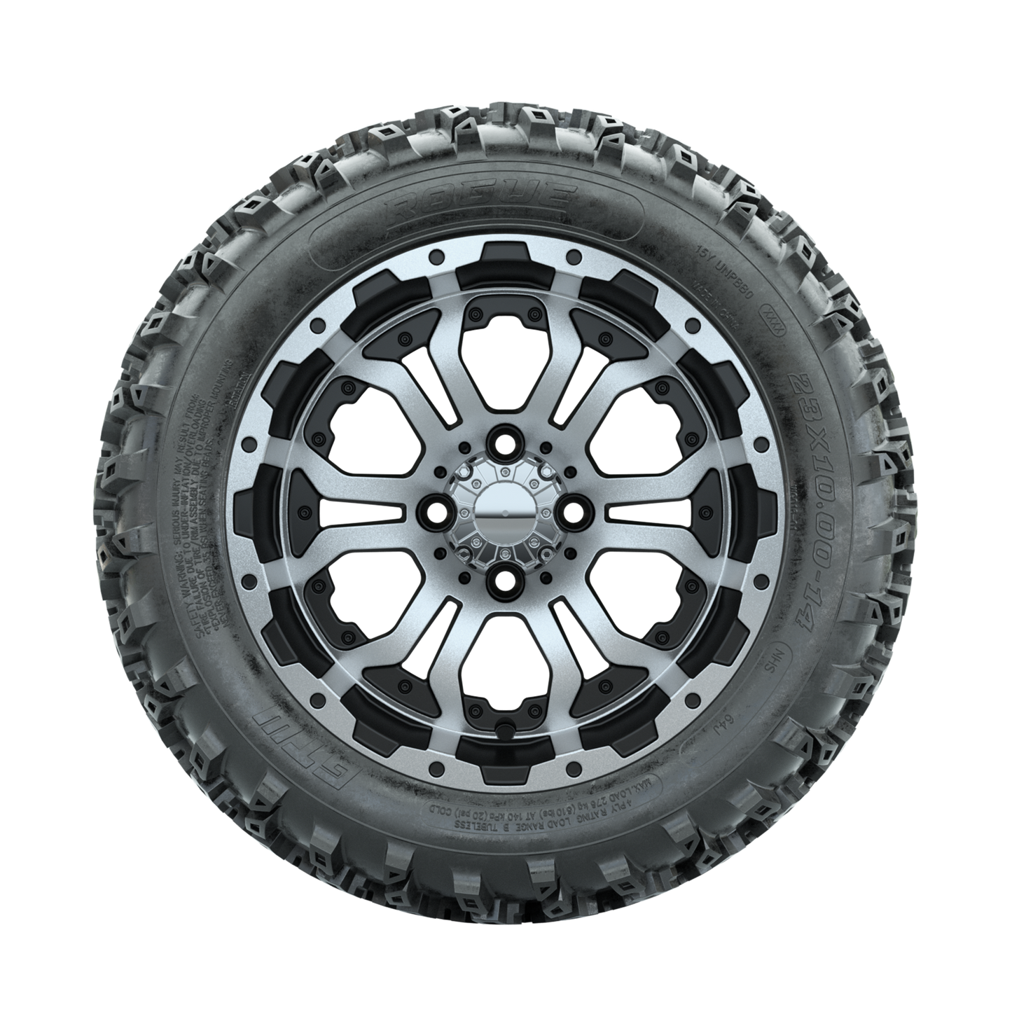 GTW Omega Machined/Black 14 in Wheels with 23x10.00-14 Rogue All Terrain Tires Full Set
