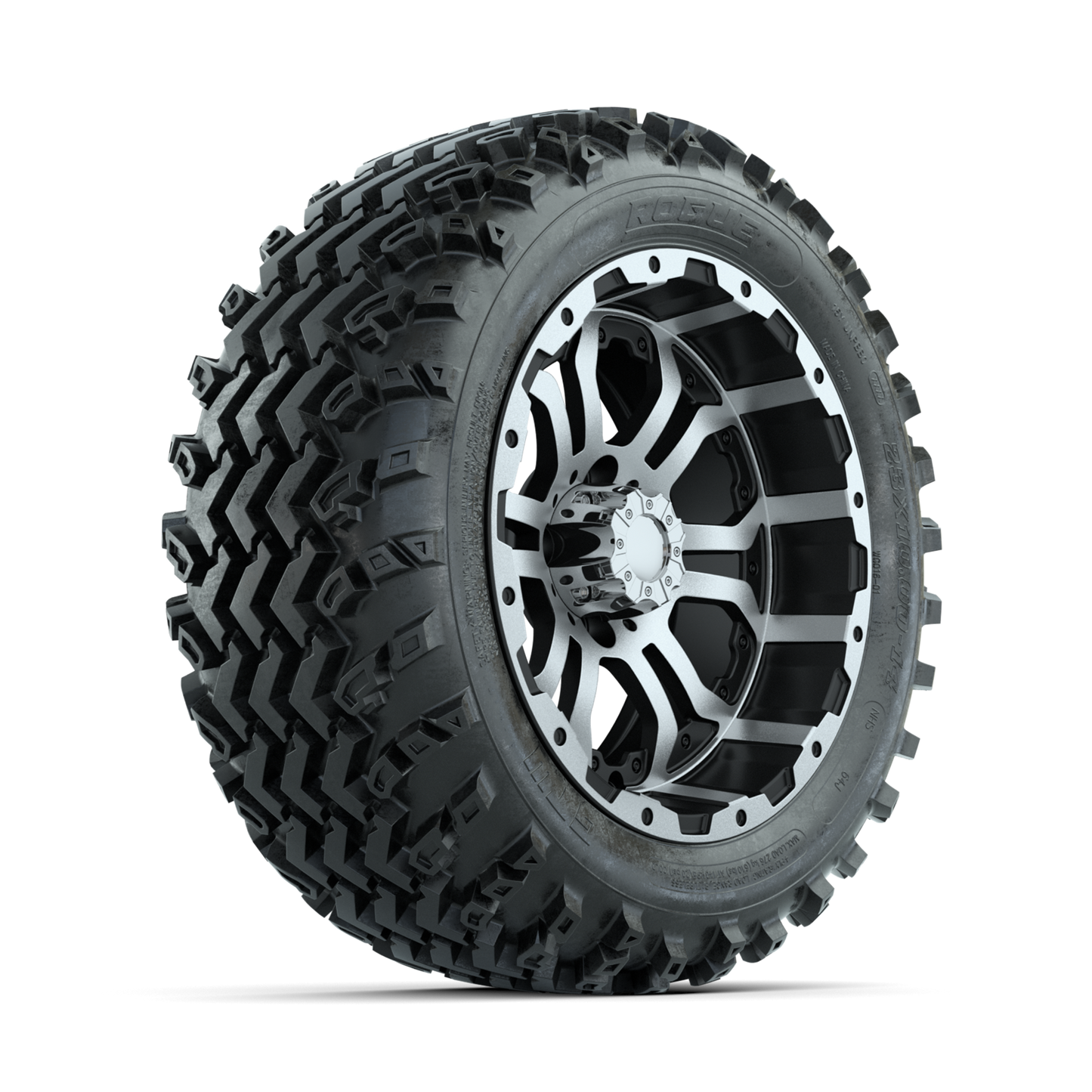 GTW Omega Machined/Black 14 in Wheels with 23x10.00-14 Rogue All Terrain Tires Full Set