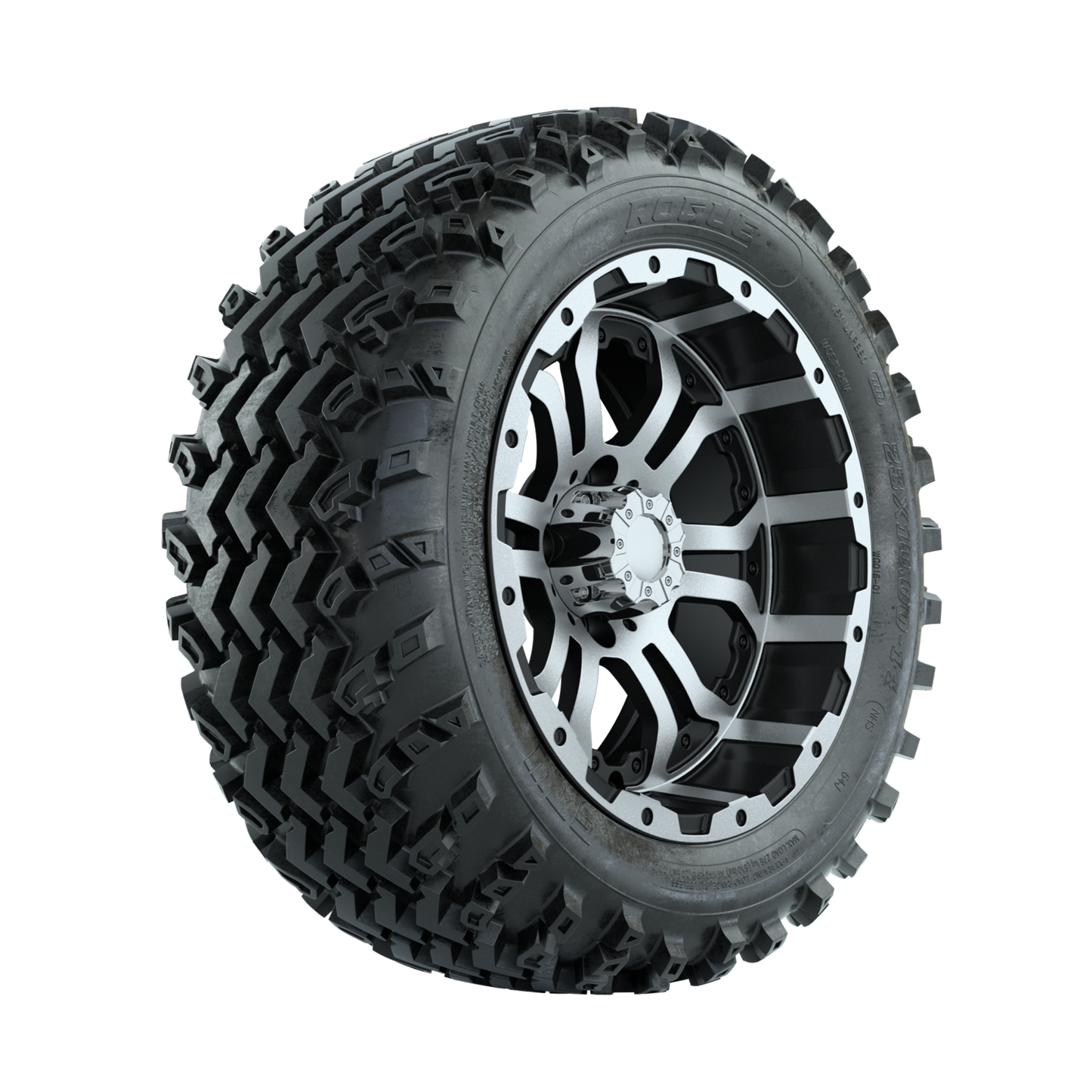 GTW Omega Machined/Black 14 in Wheels with 23x10.00-14 Rogue All Terrain Tires Full Set