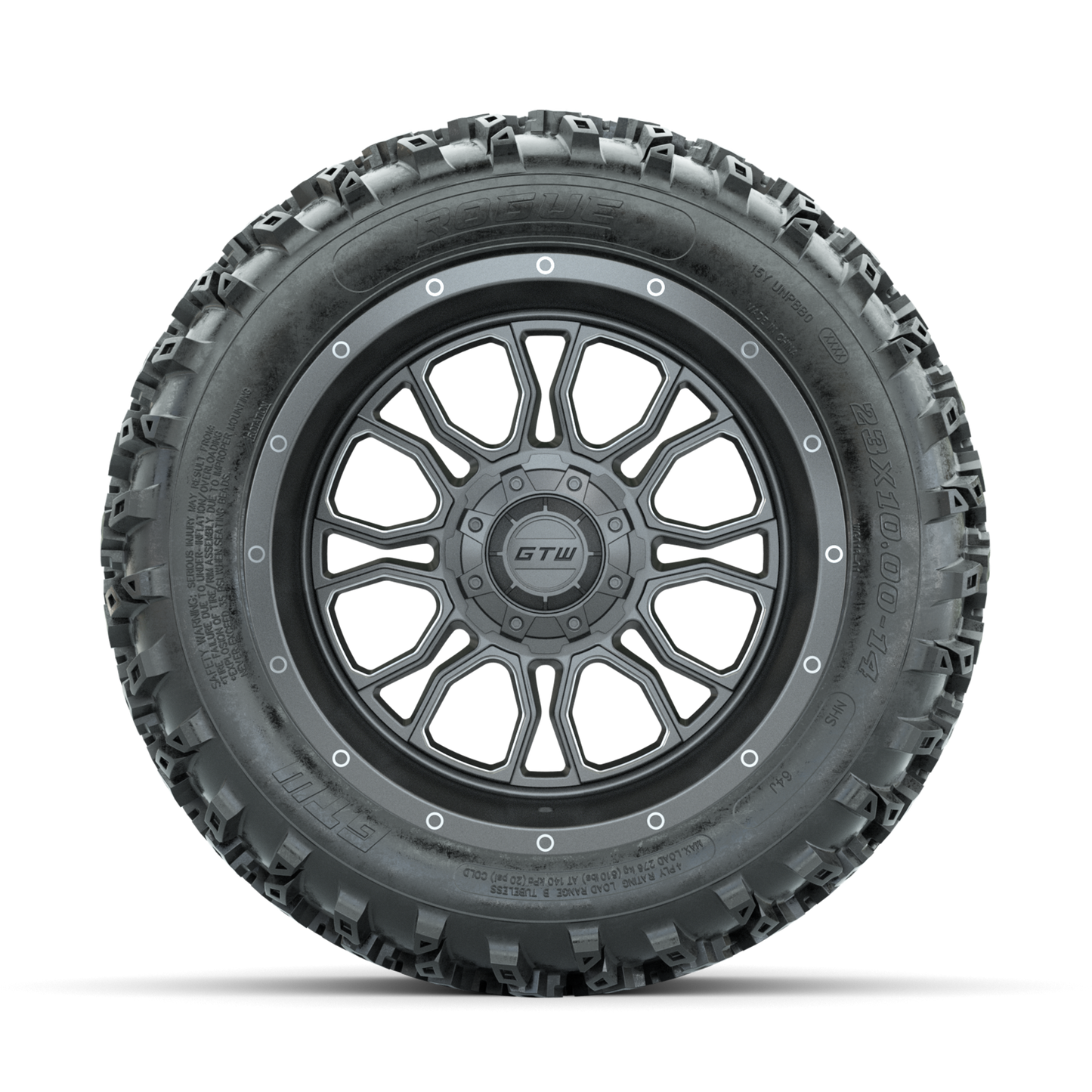 GTW Volt Gunmetal/Machined 14 in Wheels with 23x10.00-14 Rogue All Terrain Tires Full Set