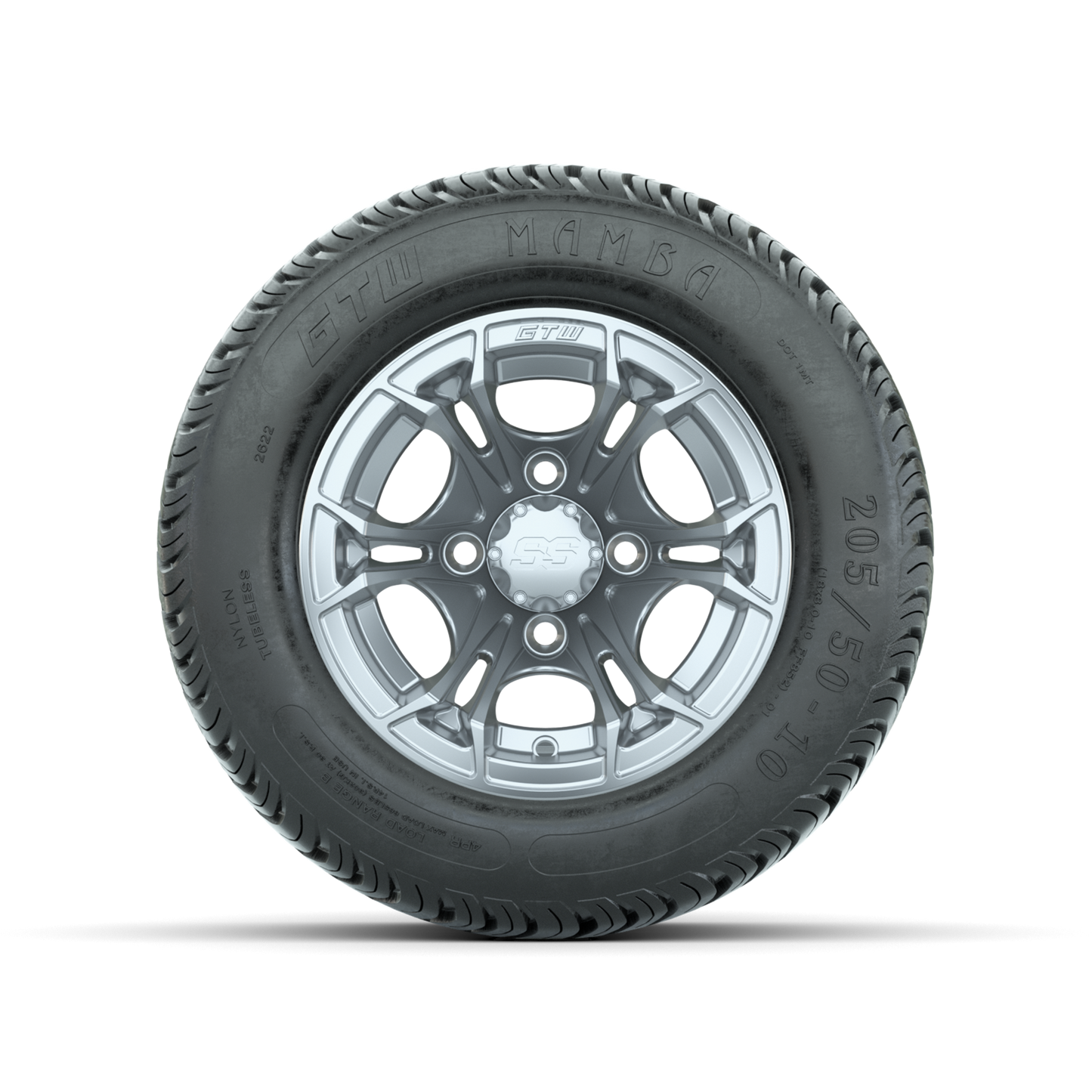 GTW Spyder Silver Brush 10 in Wheels with 205/50-10 Mamba Street Tires Full Set