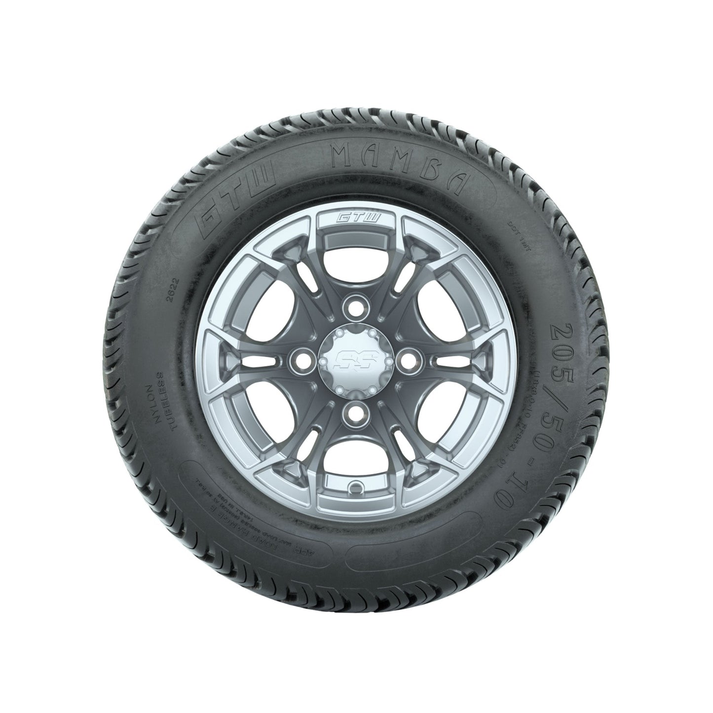 GTW Spyder Silver Brush 10 in Wheels with 205/50-10 Mamba Street Tires Full Set
