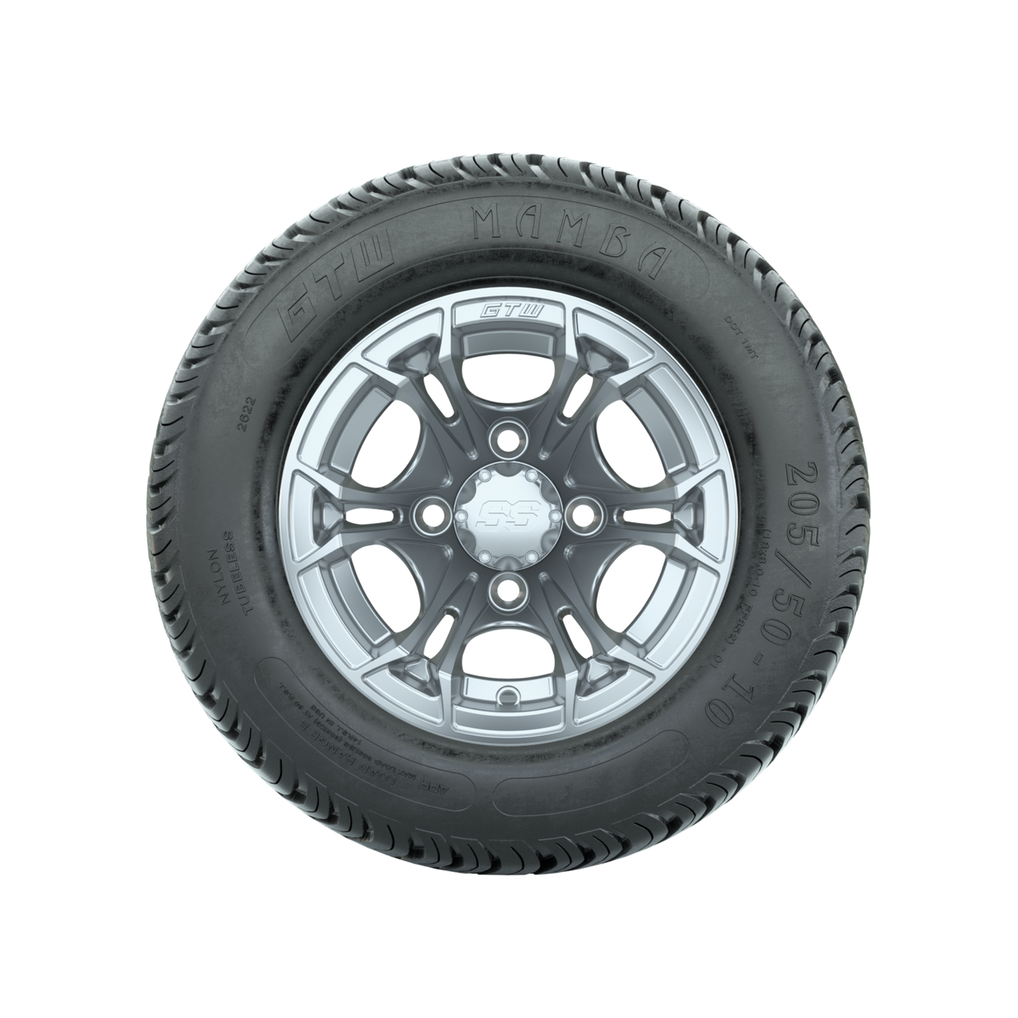 GTW Spyder Silver Brush 10 in Wheels with 205/50-10 Mamba Street Tires Full Set