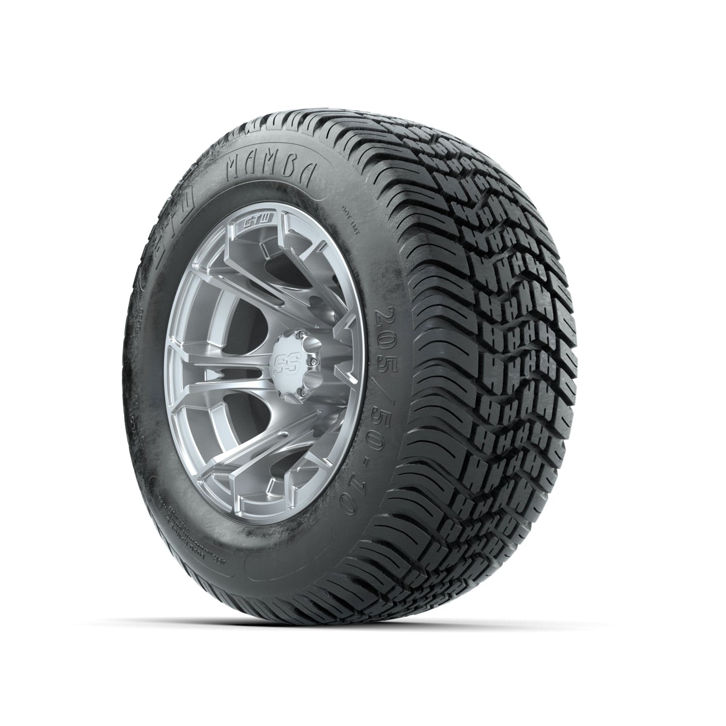 GTW Spyder Silver Brush 10 in Wheels with 205/50-10 Mamba Street Tires Full Set