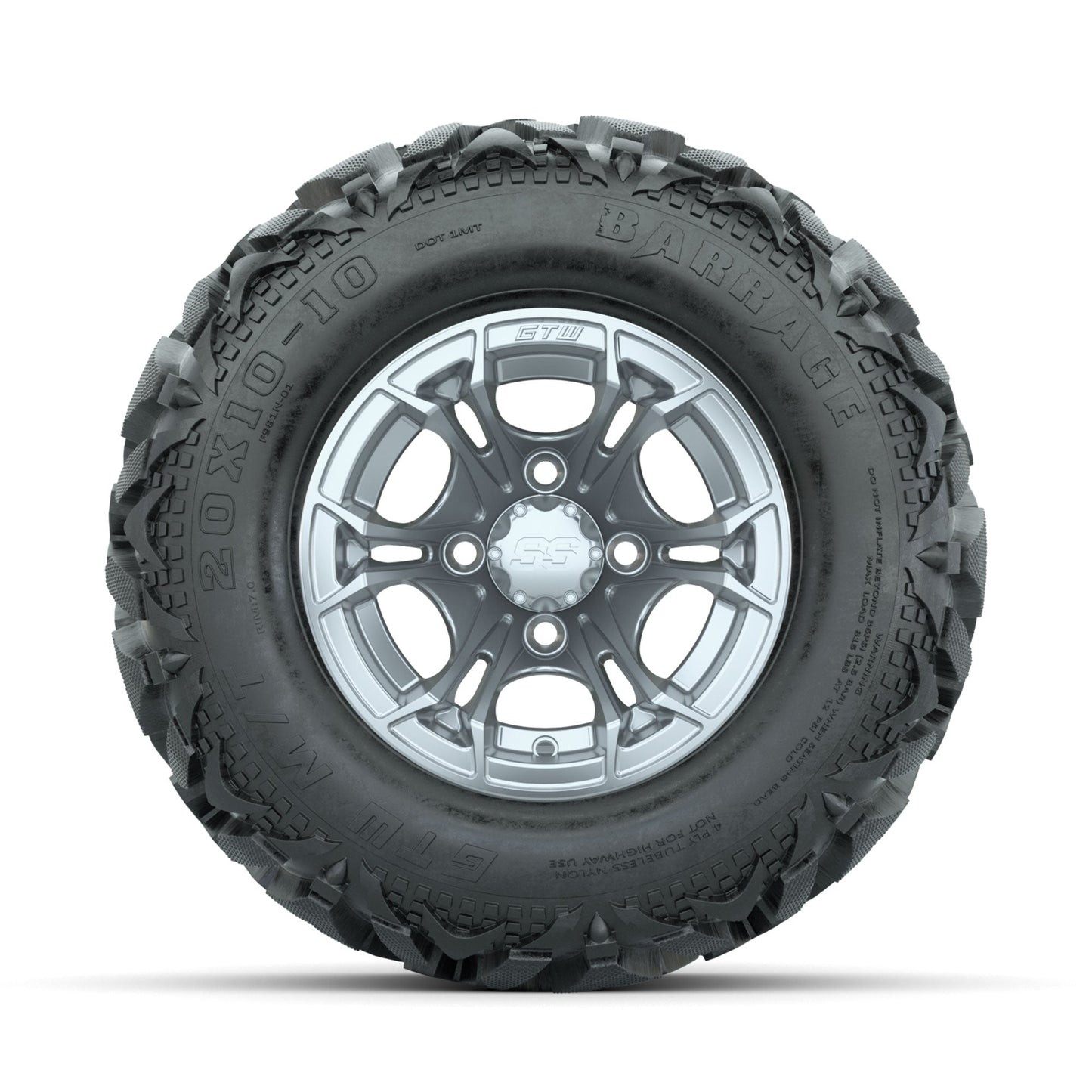 GTW Spyder Silver Brush 10 in Wheels with 20x10-10 Barrage Mud Tires Full Set