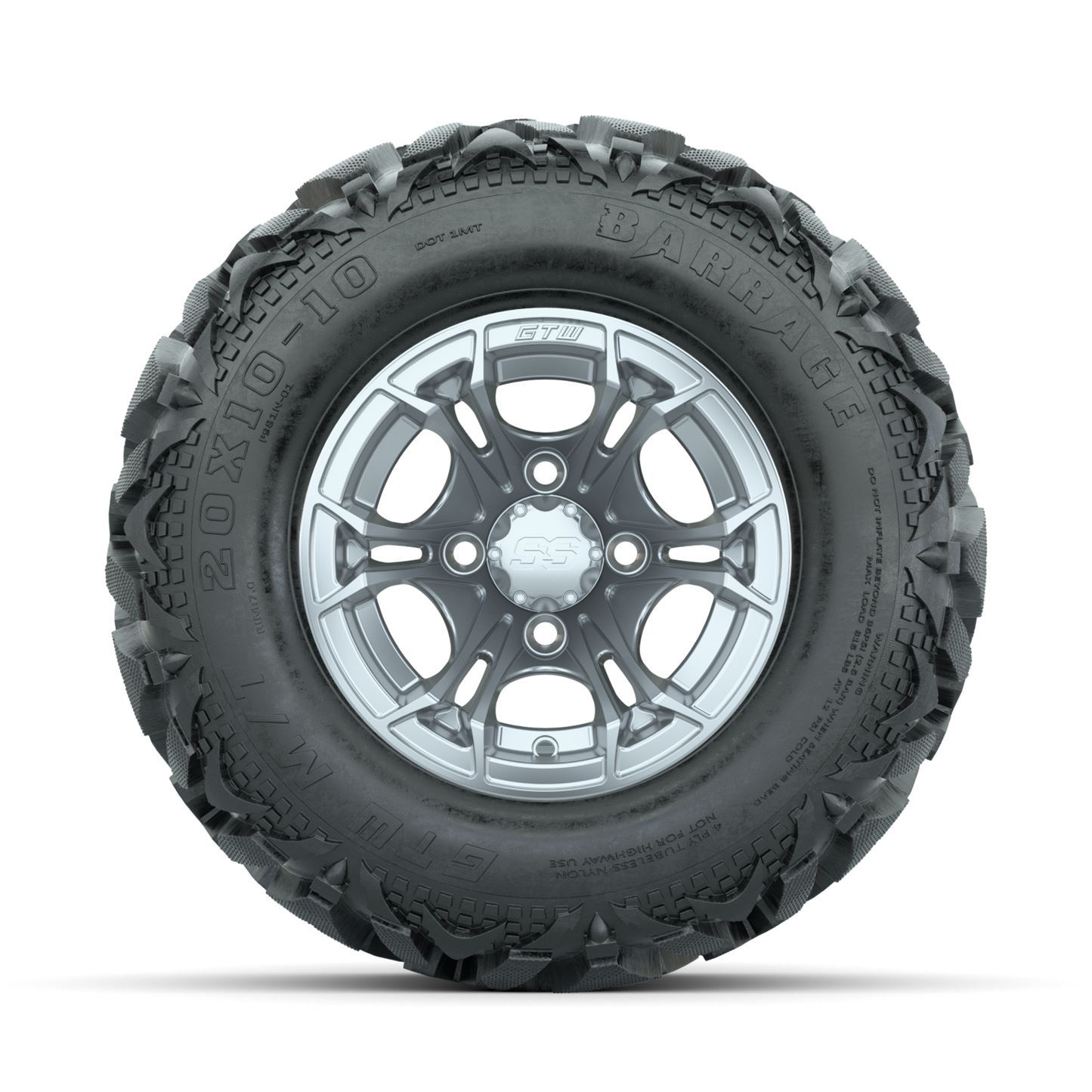 GTW Spyder Silver Brush 10 in Wheels with 20x10-10 Barrage Mud Tires Full Set