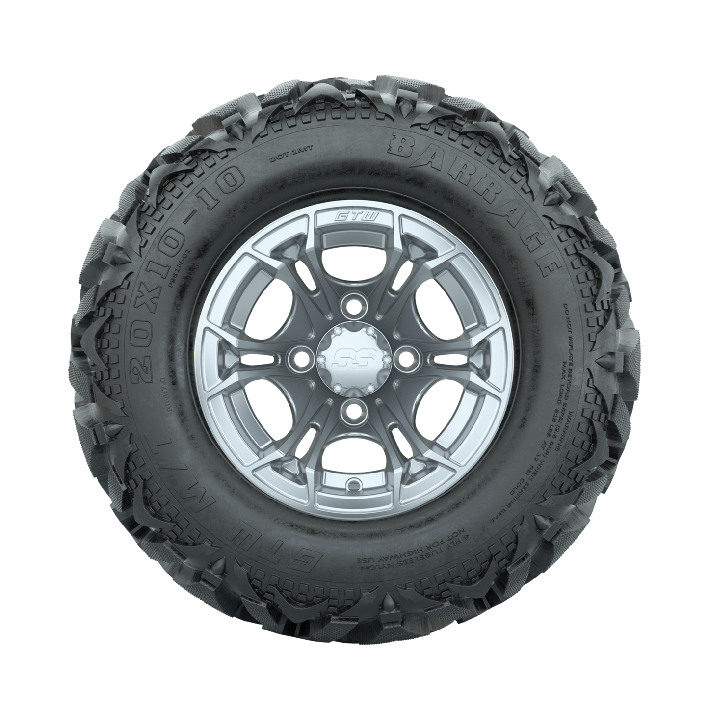 GTW Spyder Silver Brush 10 in Wheels with 20x10-10 Barrage Mud Tires Full Set
