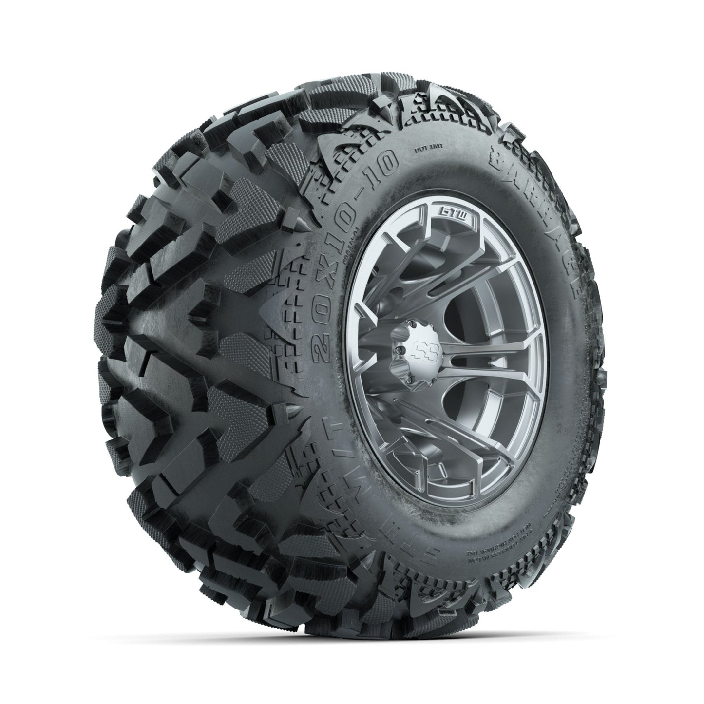 GTW Spyder Silver Brush 10 in Wheels with 20x10-10 Barrage Mud Tires Full Set