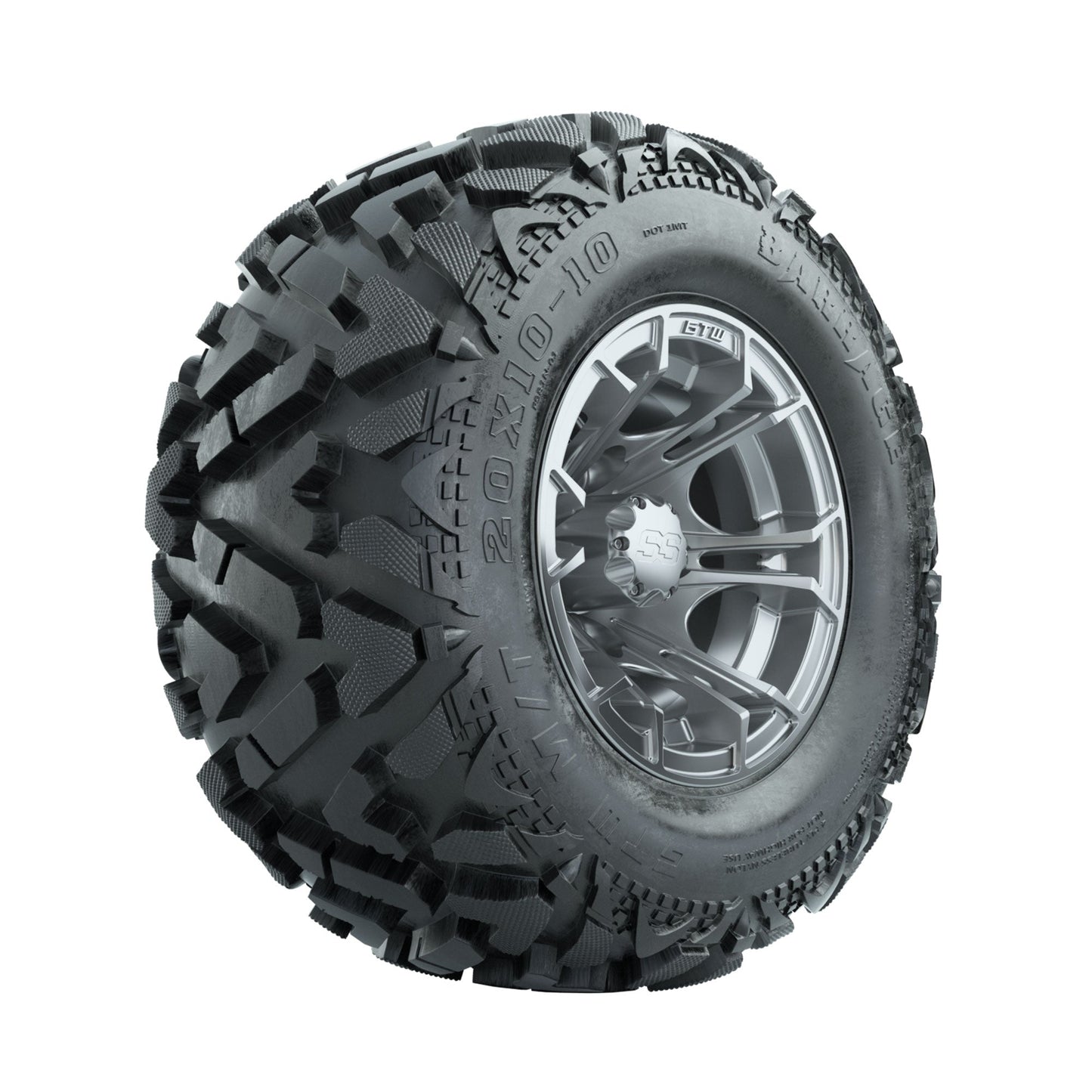 GTW Spyder Silver Brush 10 in Wheels with 20x10-10 Barrage Mud Tires Full Set