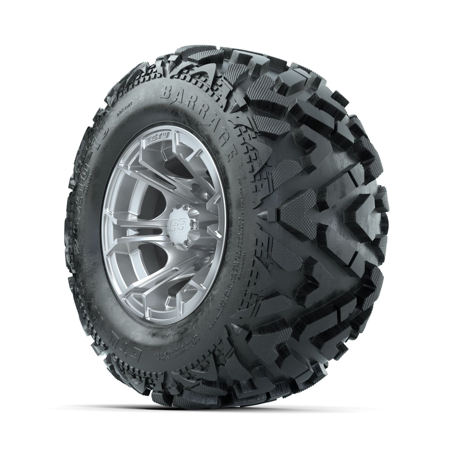 GTW Spyder Silver Brush 10 in Wheels with 20x10-10 Barrage Mud Tires Full Set