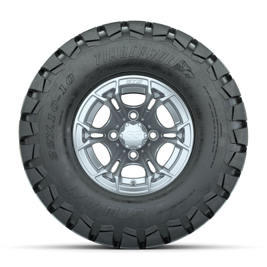 GTW Spyder Silver Brush 10 in Wheels with 22x10-10 Timberwolf All Terrain Tires Full Set