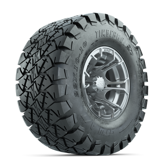 GTW Spyder Silver Brush 10" Wheels with 22x10-10 Timberwolf A/T Tires – Set of 4