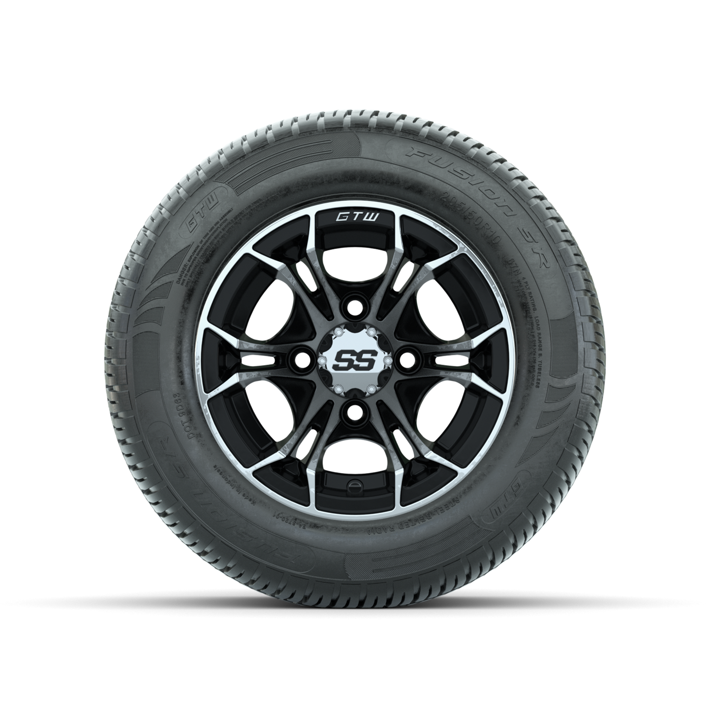 GTW Spyder Machined/Black 10 in Wheels with 205/50-10 Fusion SR Steel Belted Radial Tires Full Set