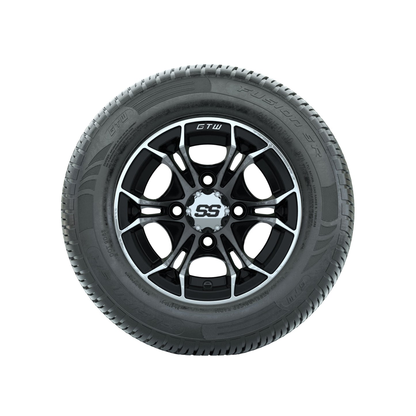 GTW Spyder Machined/Black 10 in Wheels with 205/50-10 Fusion SR Steel Belted Radial Tires Full Set
