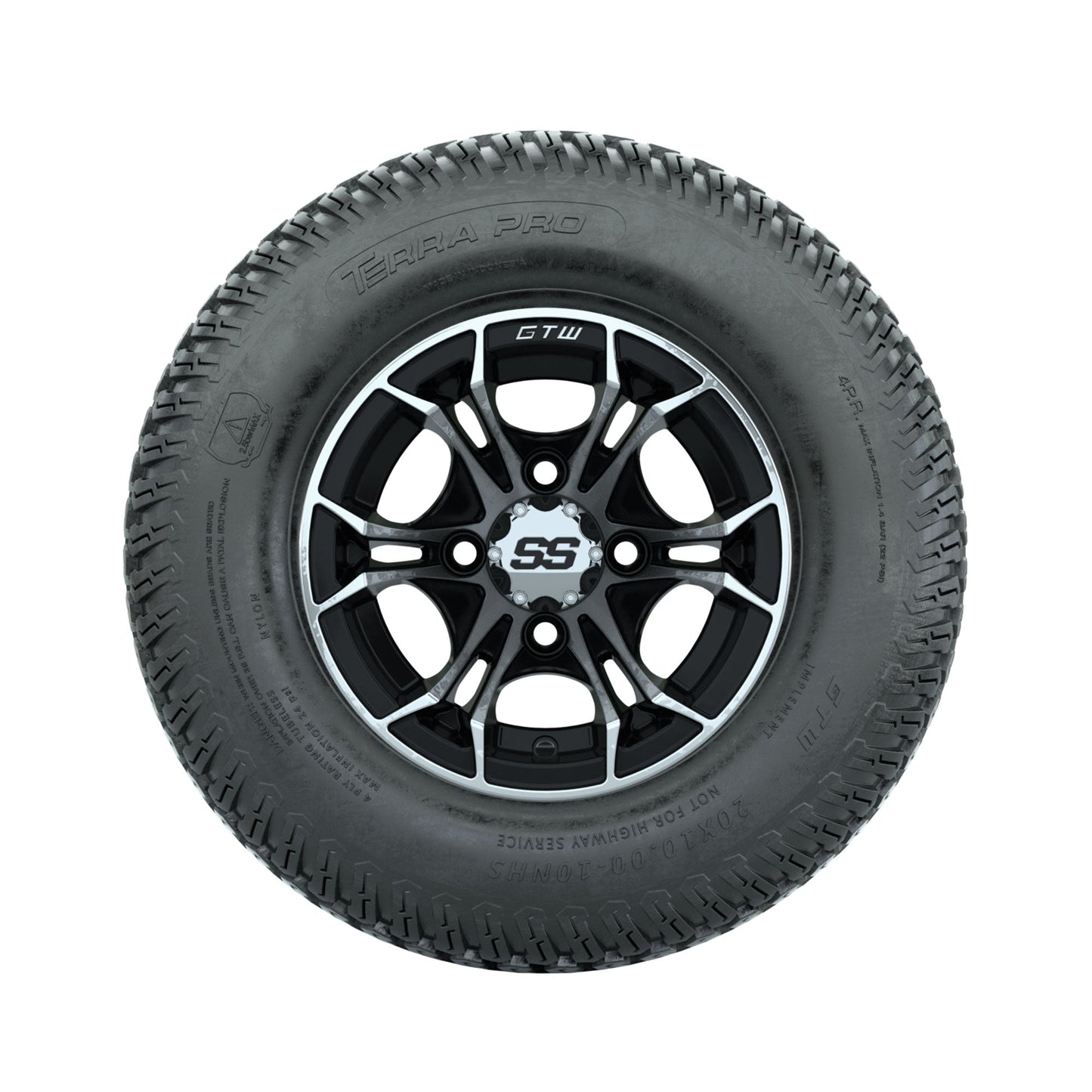 GTW Spyder Machined/Black 10 in Wheels with 20x10-10 Terra Pro S-Tread Traction Tires Full Set