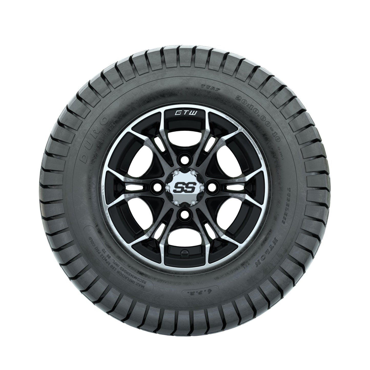 GTW Spyder Machined/Black 10 in Wheels with 20x10-10 Duro Soft Street Tires Full Set