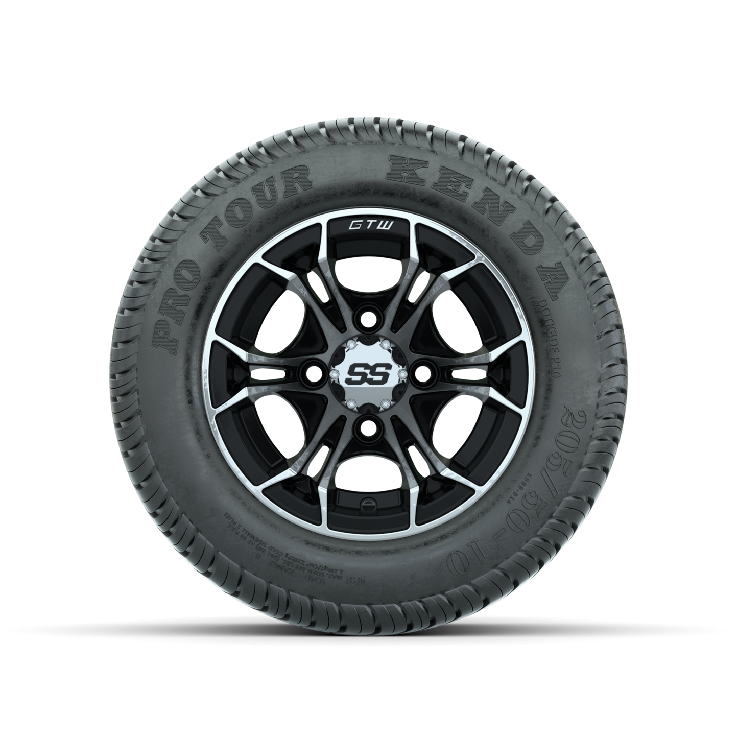 GTW Spyder Machined/Black 10 in Wheels with 205/50-10 Kenda Pro Tour Low-profile Tires Full Set