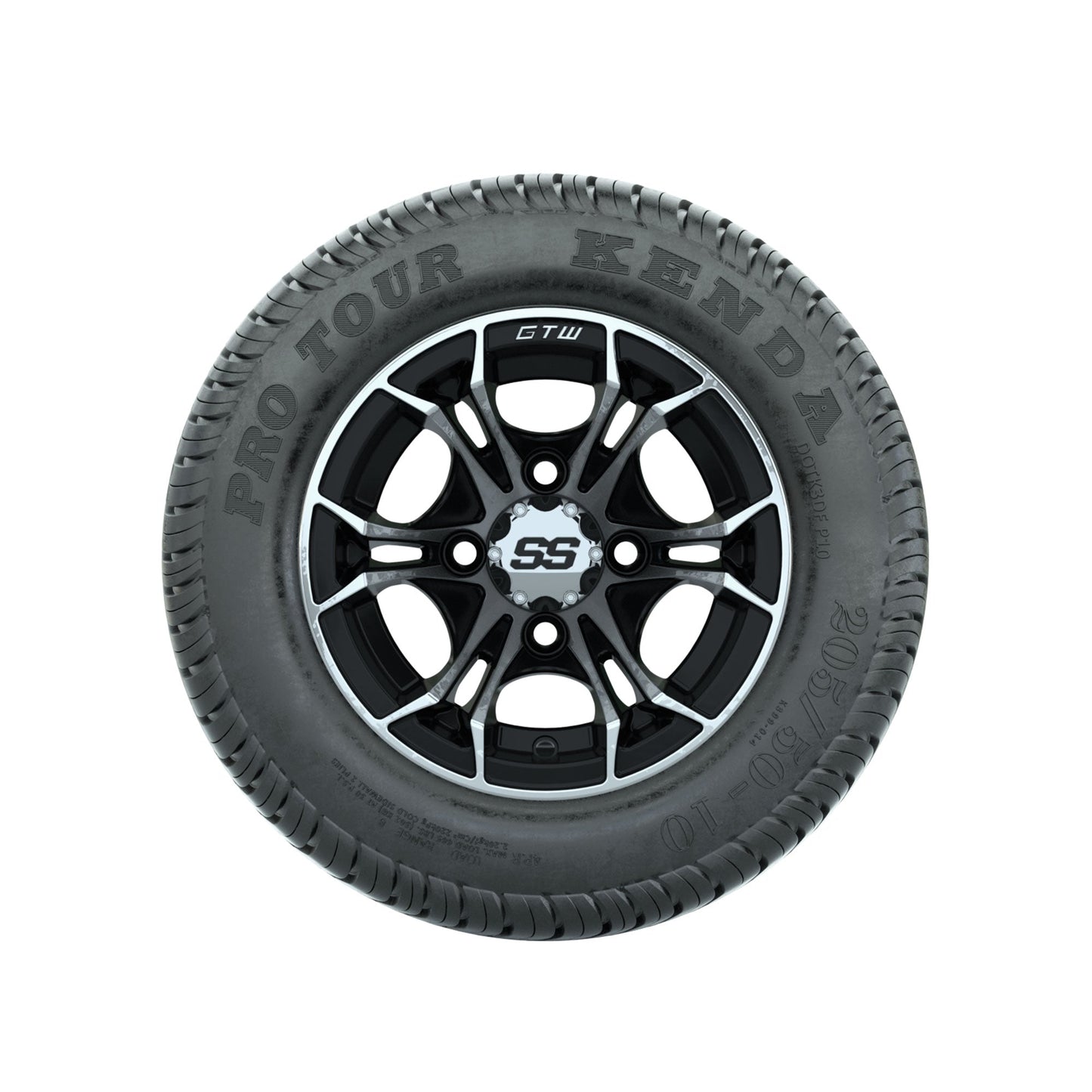 GTW Spyder Machined/Black 10 in Wheels with 205/50-10 Kenda Pro Tour Low-profile Tires Full Set